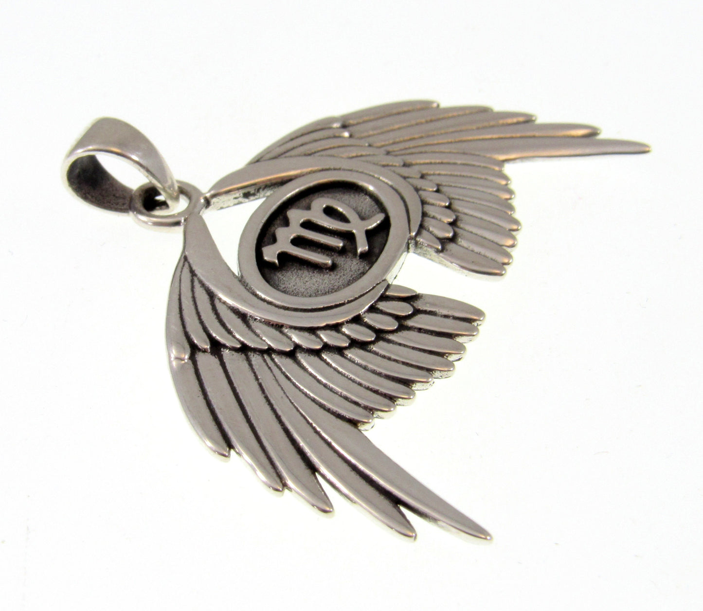 Solid 925 Sterling Silver Guardian Angel Wings With Virgo Zodiac Symbol Pendant, Angelic Protection Amulet