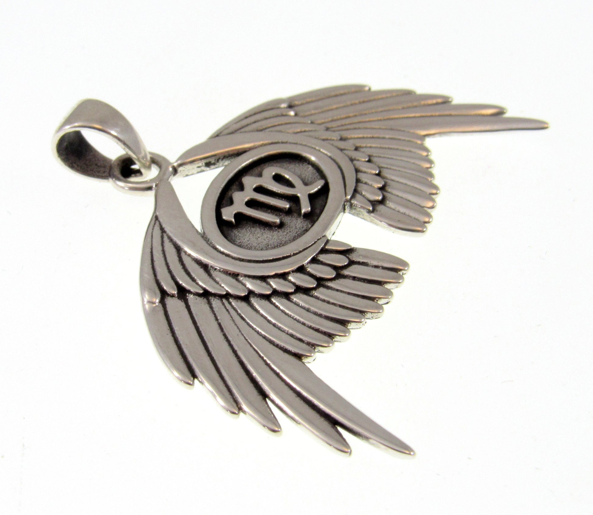 Solid 925 Sterling Silver Guardian Angel Wings With Virgo Zodiac Symbol Pendant, Angelic Protection Amulet