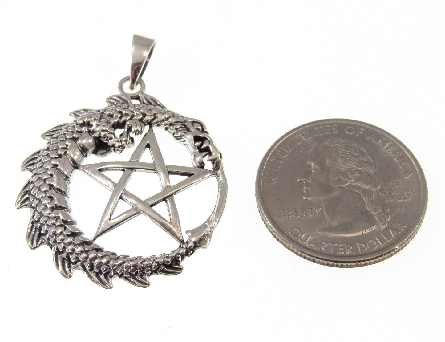 Solid 925 Sterling Silver Dragon Pentacle Pendant, Ouroboros Pentagram Amulet, Magic Pagan Talisman