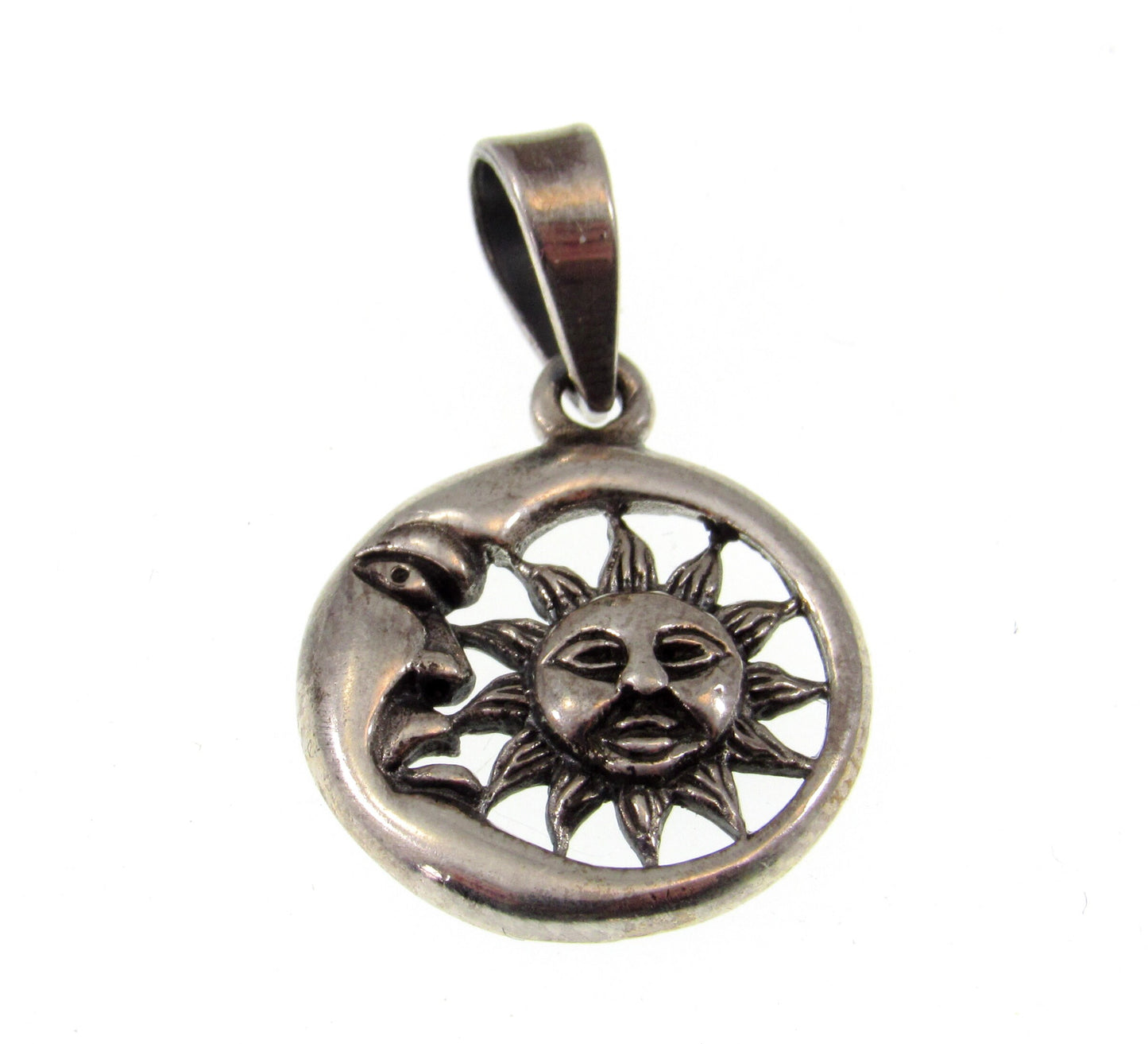 Small Solid 925 Sterling Silver Crescent Waning Moon & Sun Charm Pendant