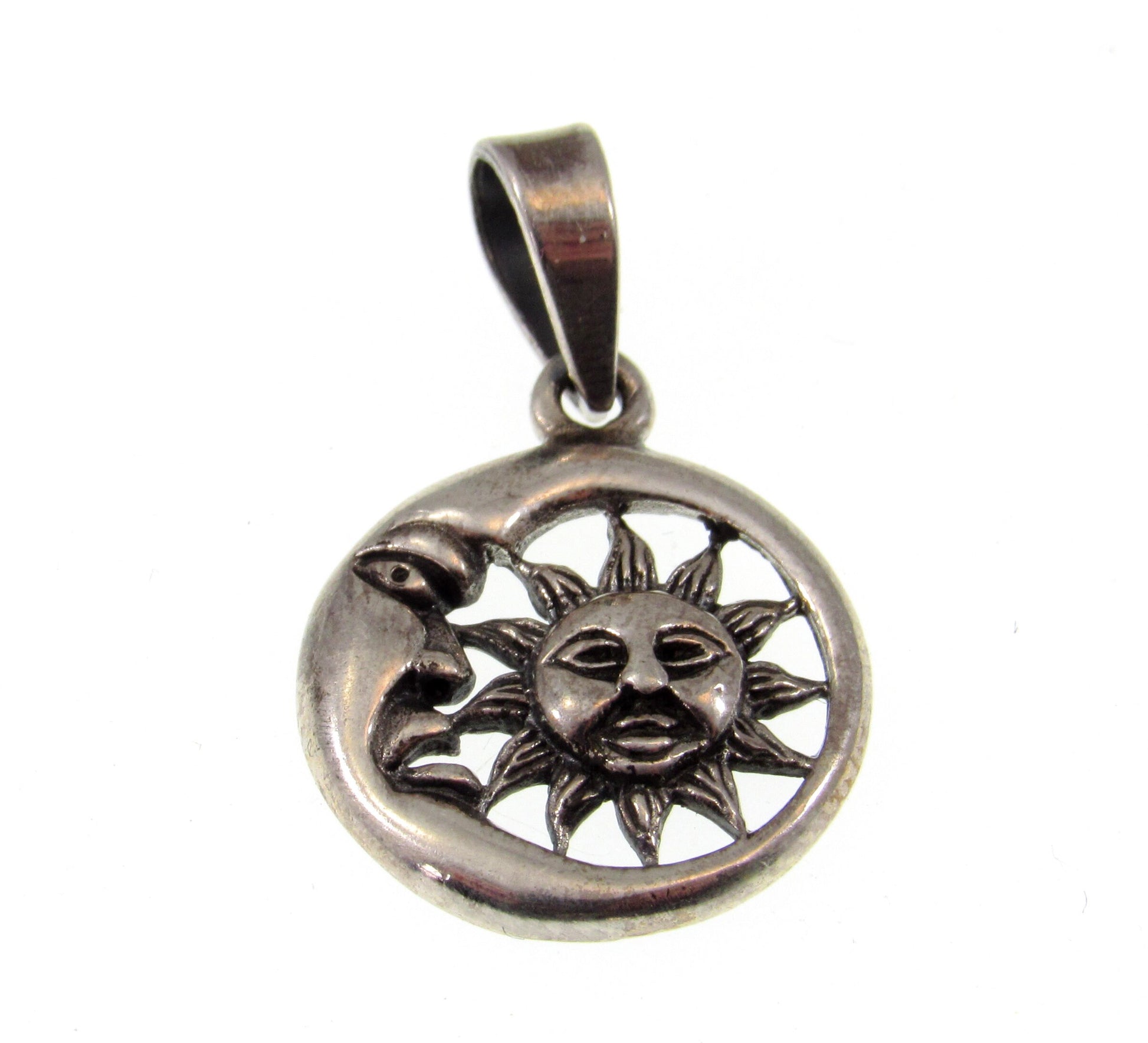 Small Solid 925 Sterling Silver Crescent Waning Moon & Sun Charm Pendant