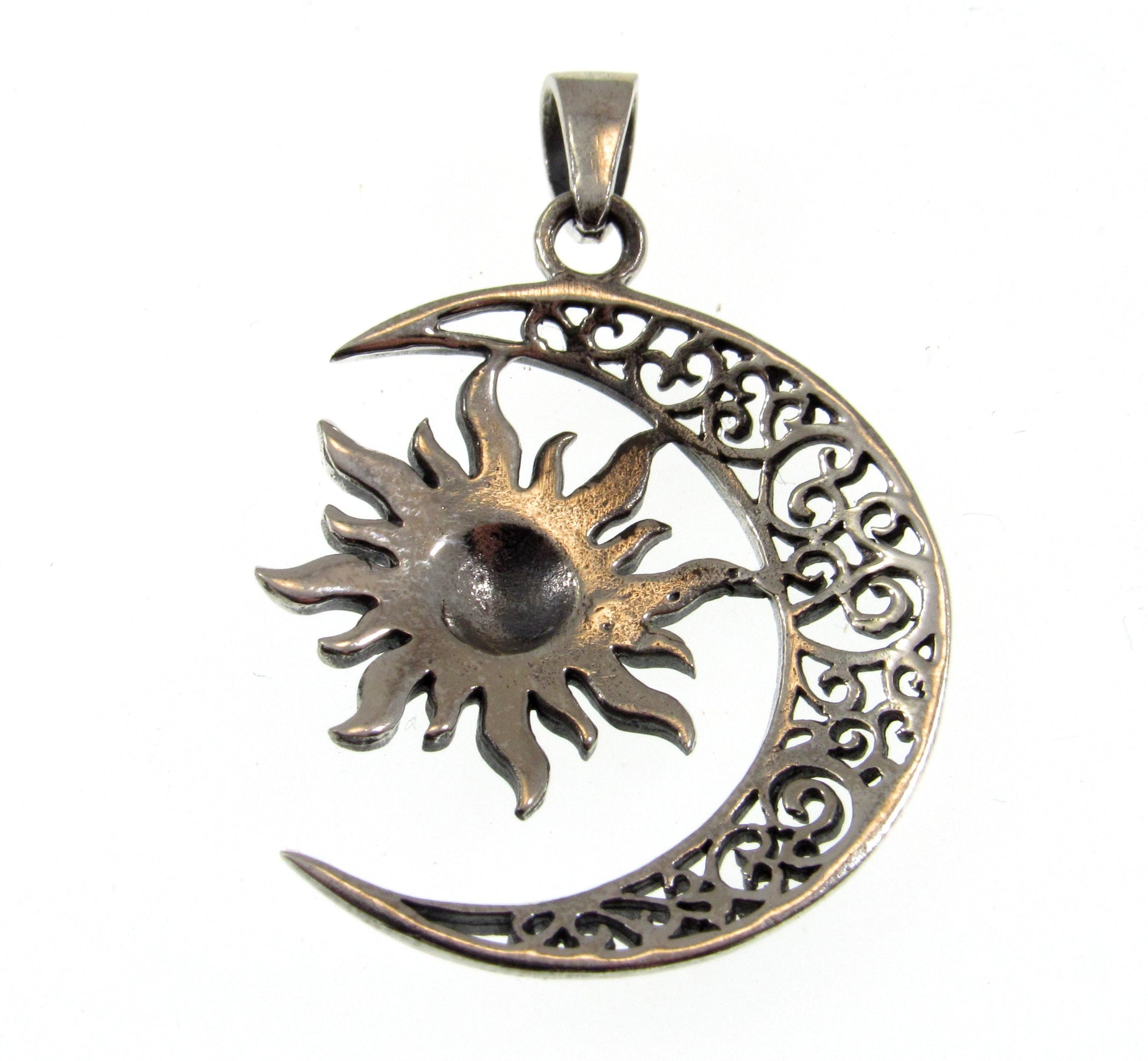 Solid 925 Sterling Silver Filigree Waxing Crescent Moon and Sun Pendant With Ornate Scrollwork