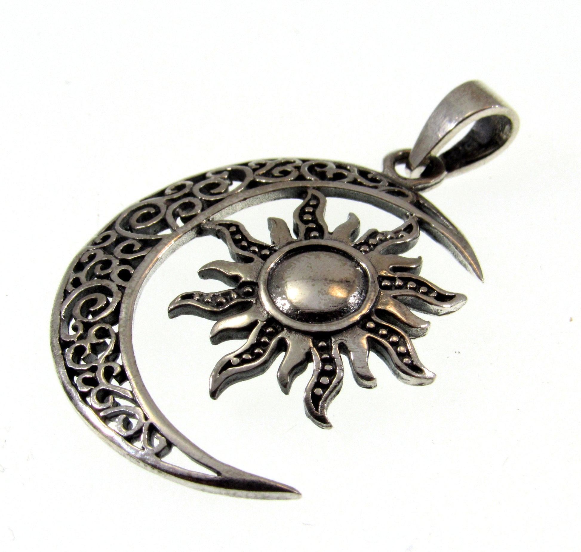 Solid 925 Sterling Silver Filigree Waxing Crescent Moon and Sun Pendant With Ornate Scrollwork