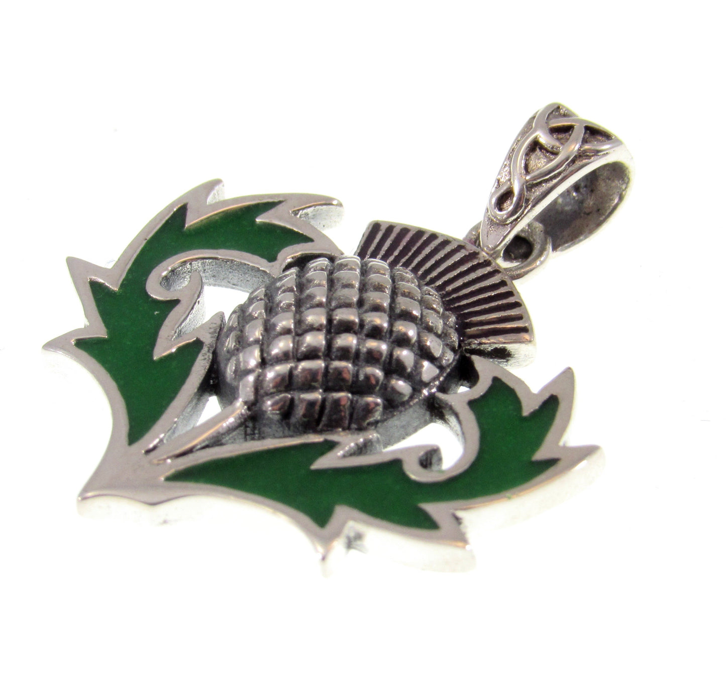 Solid 925 Sterling Silver Celtic Alba Thistle Pendant With Green Enamel