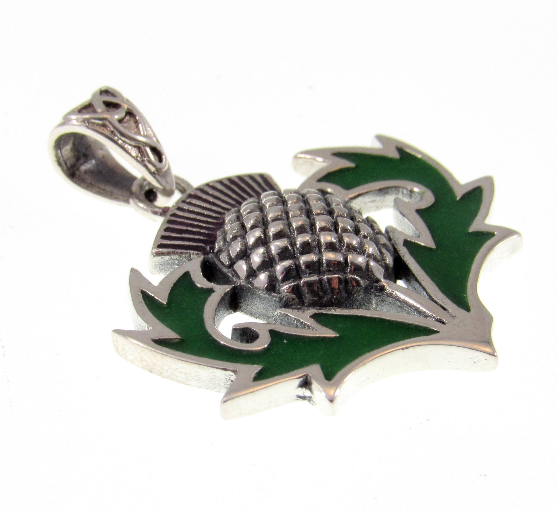 Solid 925 Sterling Silver Celtic Alba Thistle Pendant With Green Enamel