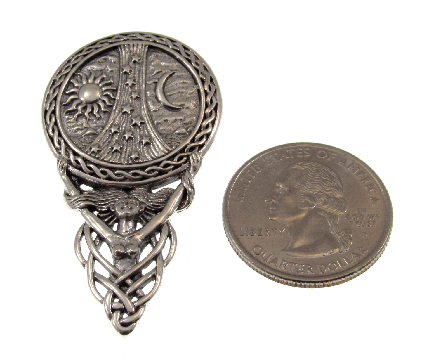 Solid 925 Sterling Silver Goddess Sun, Moon, Stars, and Tree of Life Slide Pendant, Powerful Celestial Amulet