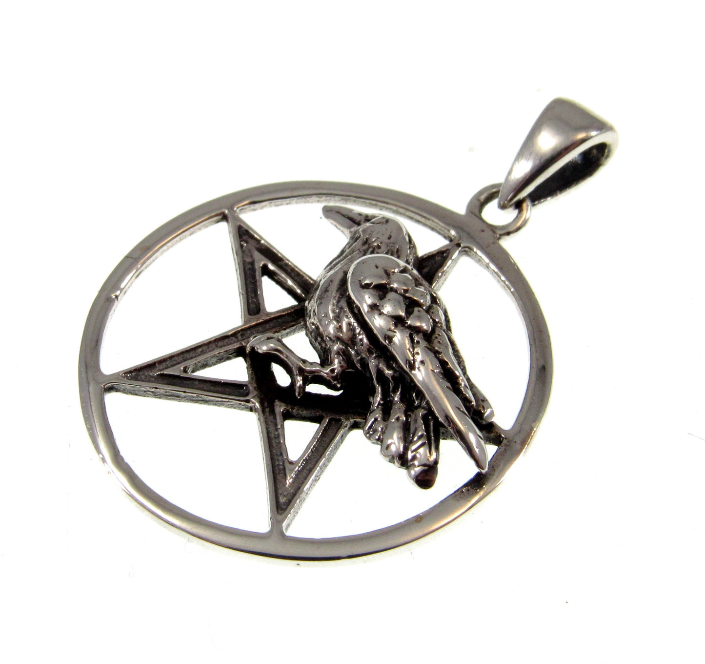 Solid 925 Sterling Silver Raven Pentagram Pendant - Gothic Crow Charm, Wiccan Protection Amulet, Pagan Witchcraft Jewelry, Occult Talisman