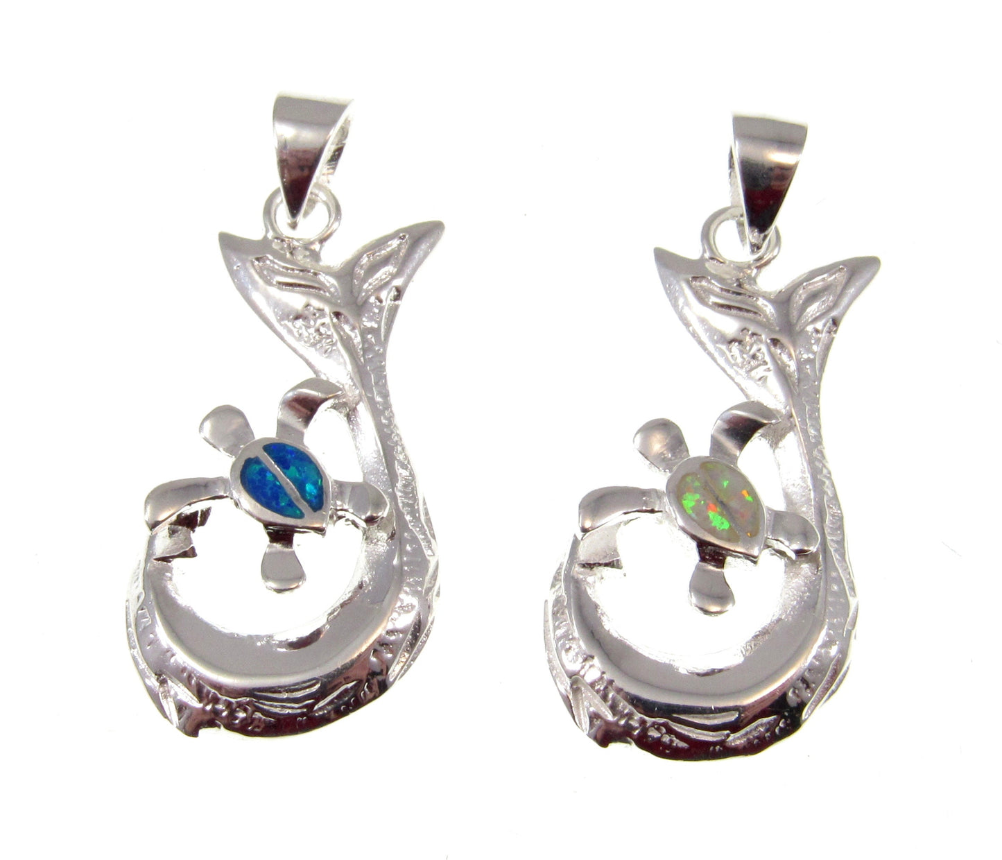Solid 925 Sterling Silver Whale Tail Pendant with Blue or White Opal Turtle – Ocean Necklace Charm, Marine Life Jewelry, Beach Lover Gift