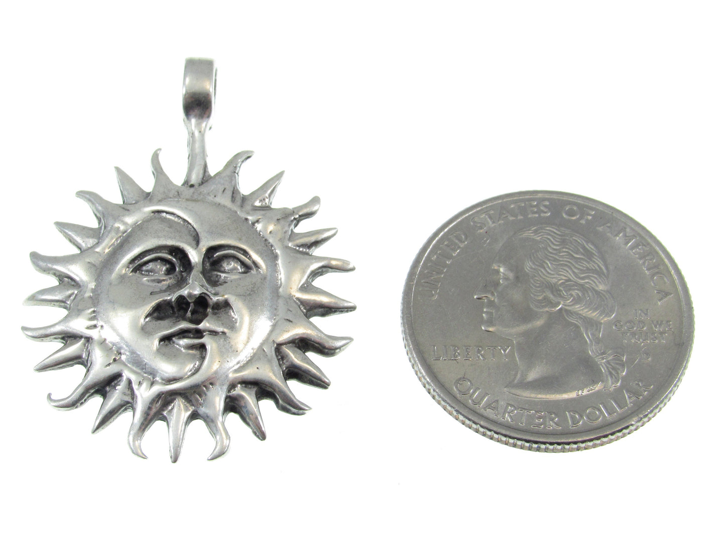 Solid 925 Sterling Silver Sun & Moon Faces Pendant – Celestial Necklace Amulet, Handcrafted Boho Sun Face Jewelry, Astrology Gift Idea