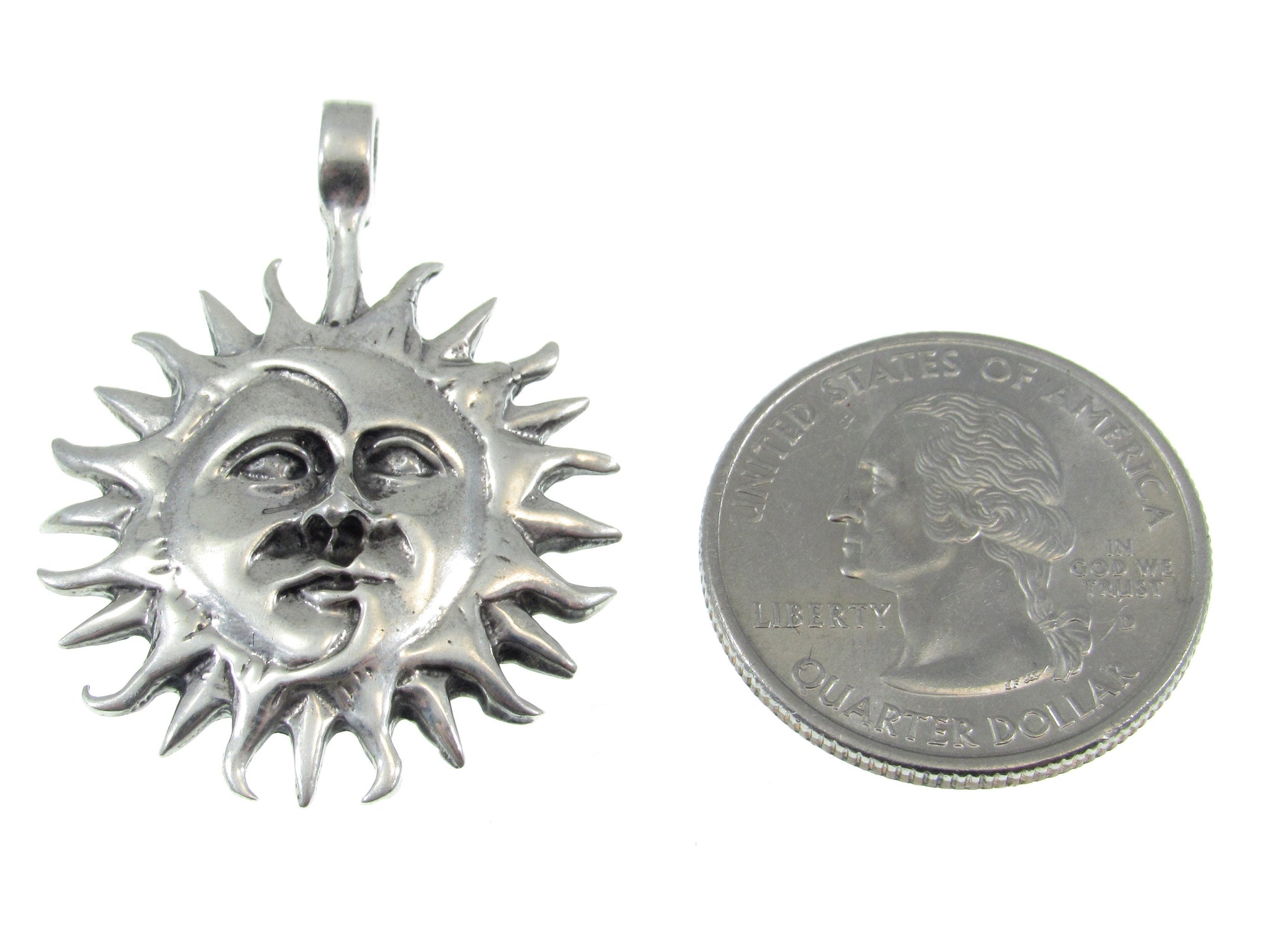 Solid 925 Sterling Silver Sun & Moon Faces Pendant – Celestial Necklace Amulet, Solar / Lunar Jewelry
