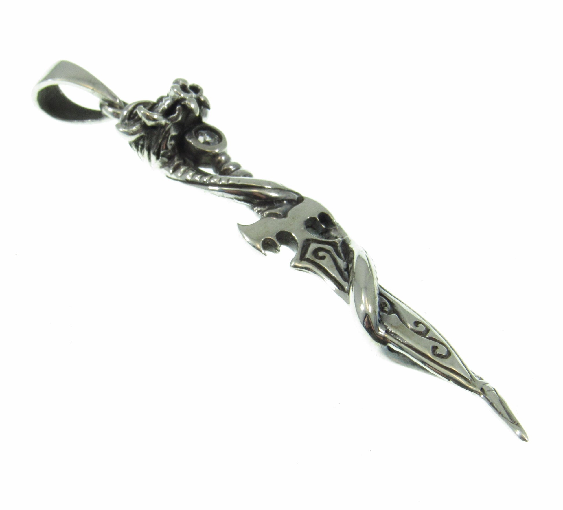 Solid 925 Sterling Silver Baphomet Sword Pagan Pendant, Intertwined Snake and Dagger, Occult Jewelry w/ White Cubic Zirconia CZ Gemstone