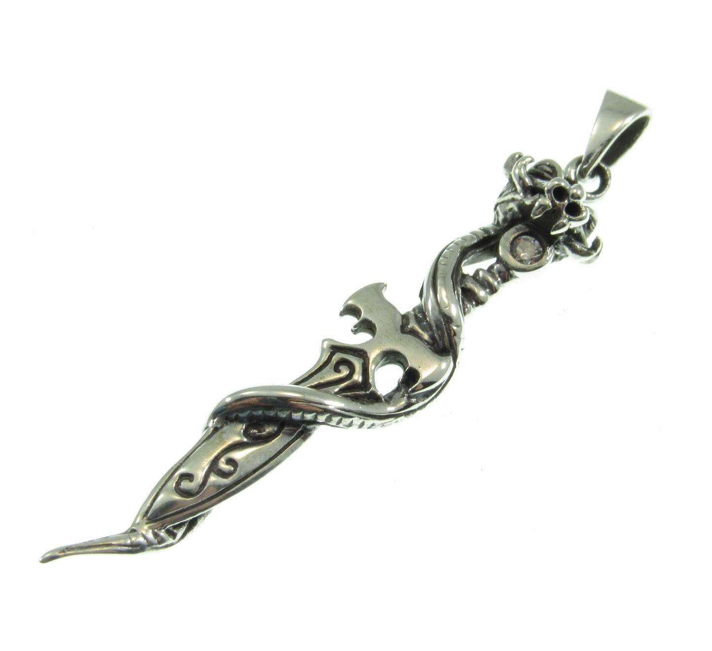 Solid 925 Sterling Silver Baphomet Sword Pagan Pendant, Intertwined Snake and Dagger, Occult Jewelry w/ White Cubic Zirconia CZ Gemstone