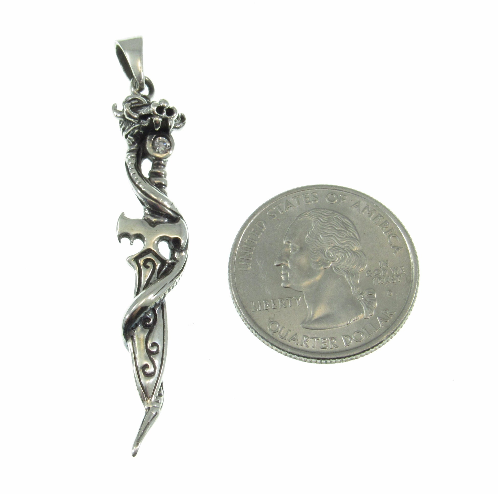 Solid 925 Sterling Silver Baphomet Sword Pagan Pendant, Intertwined Snake and Dagger, Occult Jewelry w/ White Cubic Zirconia CZ Gemstone