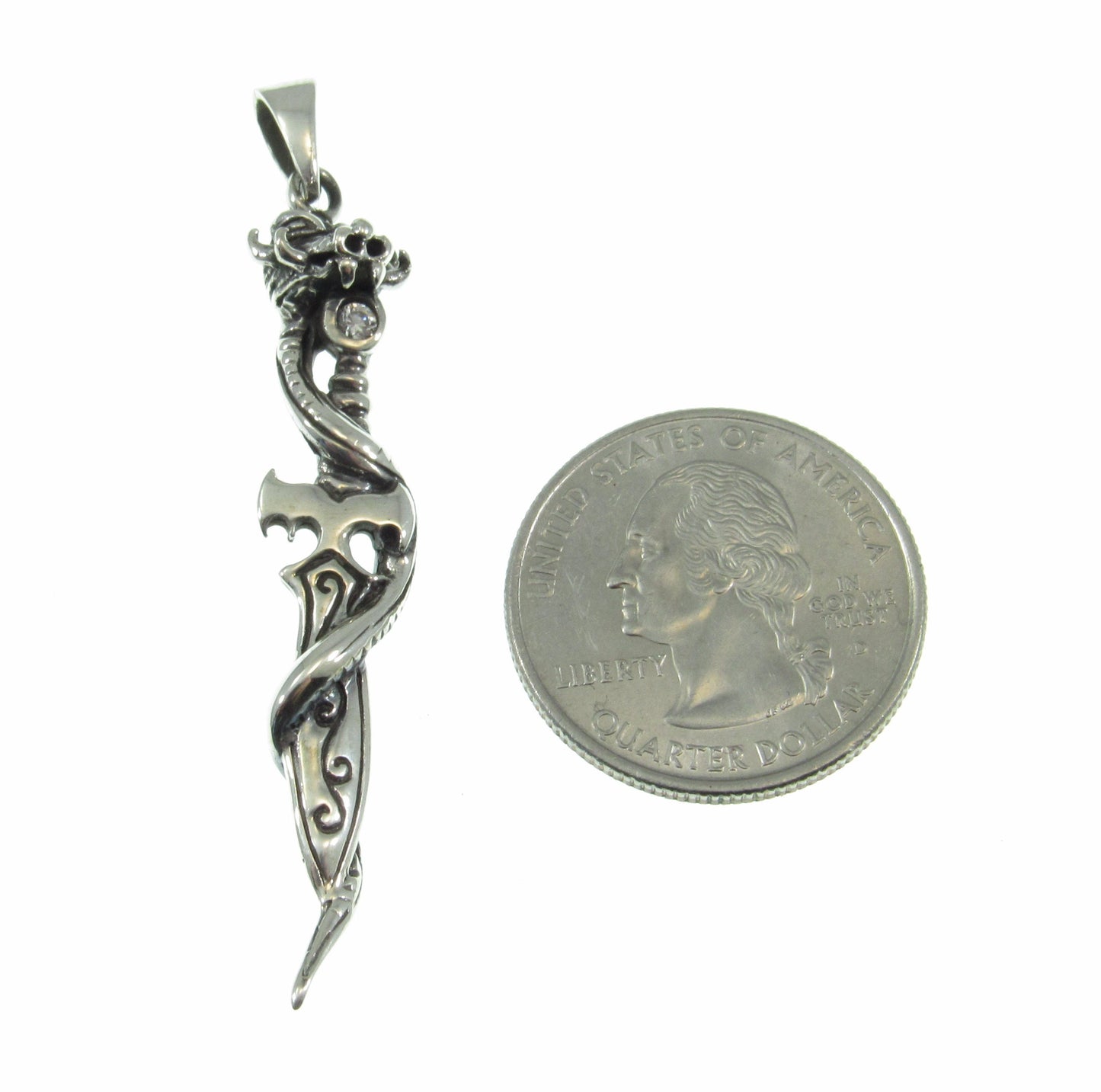 Solid 925 Sterling Silver Baphomet Sword Pagan Pendant, Intertwined Snake and Dagger, Occult Jewelry w/ White Cubic Zirconia CZ Gemstone