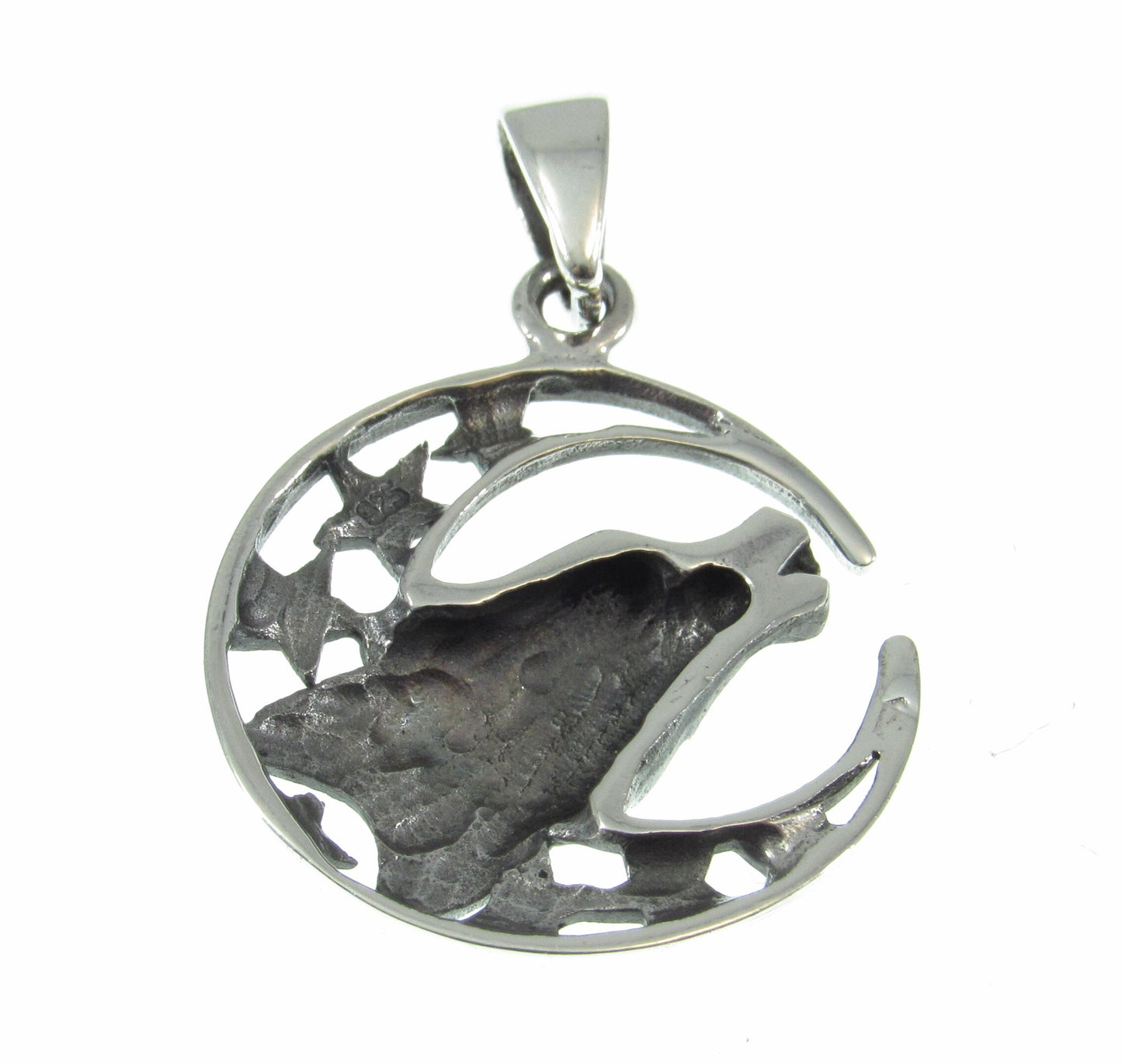 Solid 925 Sterling Silver Wolf Moon Pendant – Howling Wolf Necklace Charm, Spirit Animal Jewelry, Moon and Stars Amulet, Celestial Talisman