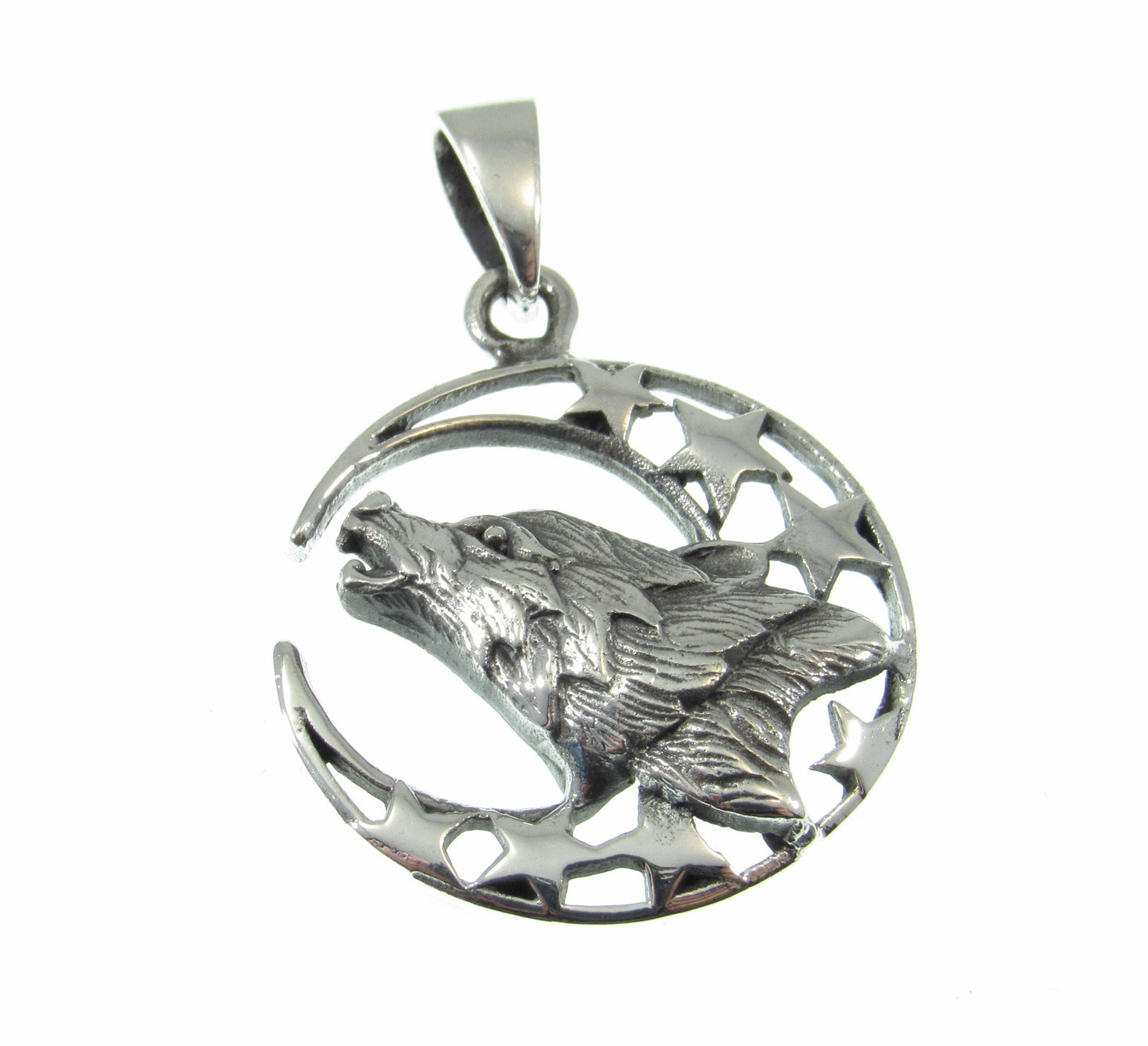 Solid 925 Sterling Silver Wolf Moon Pendant – Howling Wolf Necklace Charm, Spirit Animal Jewelry, Moon and Stars Amulet, Celestial Talisman