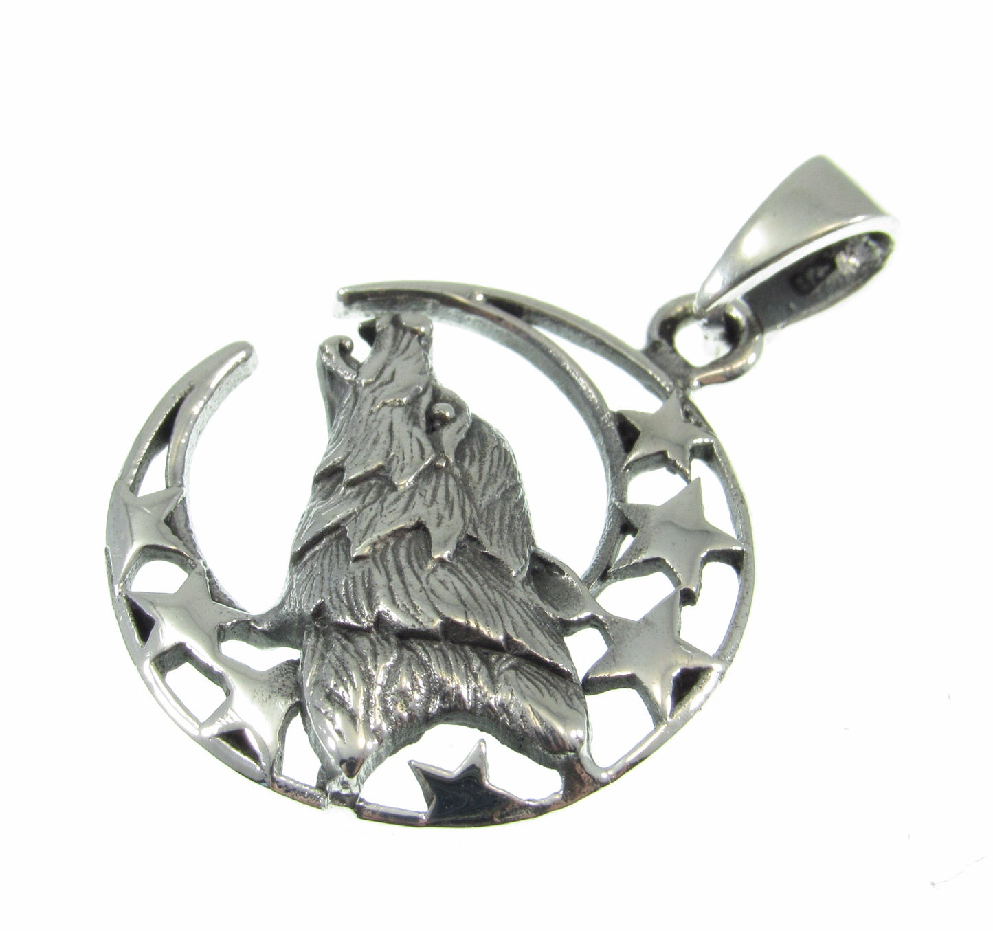 Solid 925 Sterling Silver Wolf Moon Pendant – Howling Wolf Necklace Charm, Spirit Animal Jewelry, Moon and Stars Amulet, Celestial Talisman