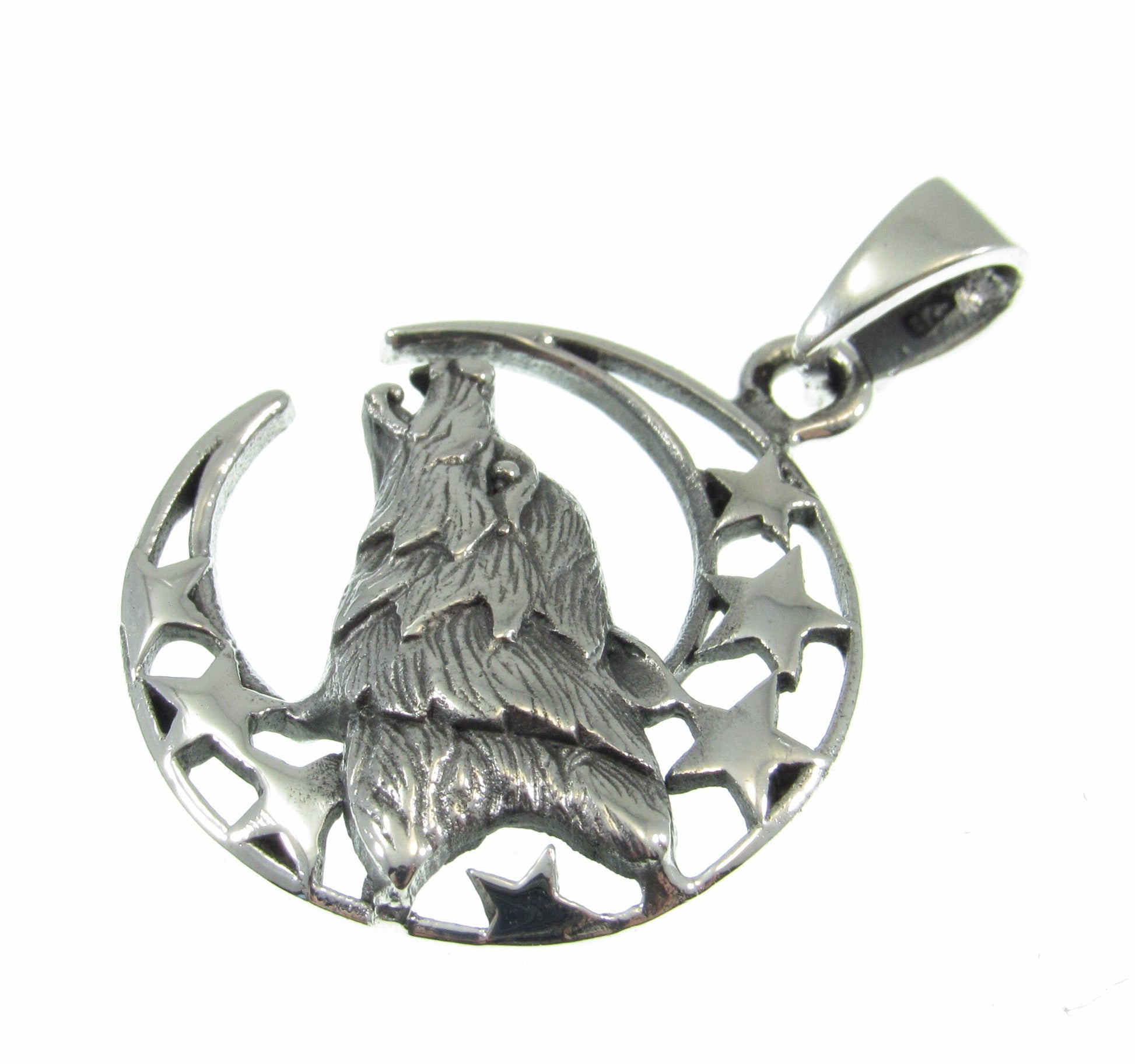Solid 925 Sterling Silver Wolf Moon Pendant – Howling Wolf Necklace Charm, Spirit Animal Jewelry, Moon and Stars Amulet, Celestial Talisman