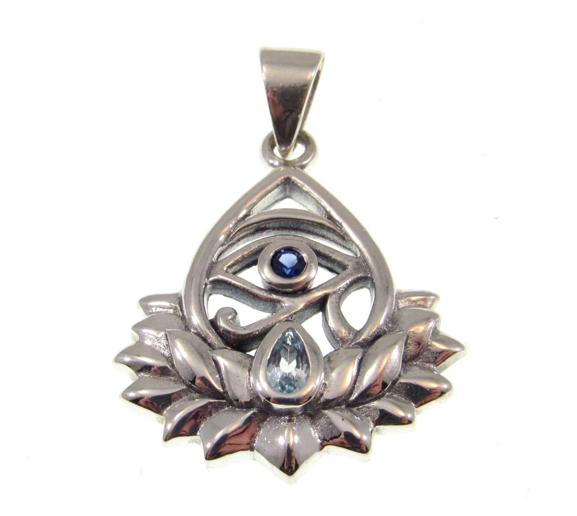 Solid 925 Sterling Silver Eye of Horus Lotus Flower Pendant With Genuine Blue Topaz and Synthetic Sapphire Gemstones