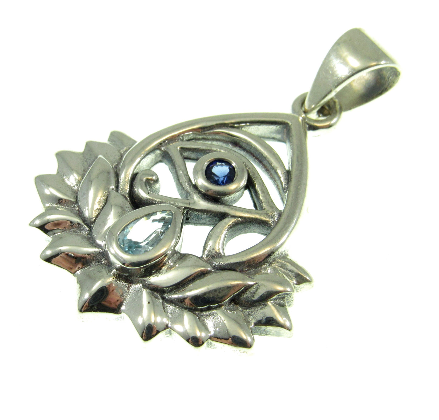 Solid 925 Sterling Silver Eye of Horus Lotus Flower Pendant With Genuine Blue Topaz and Synthetic Sapphire Gemstones