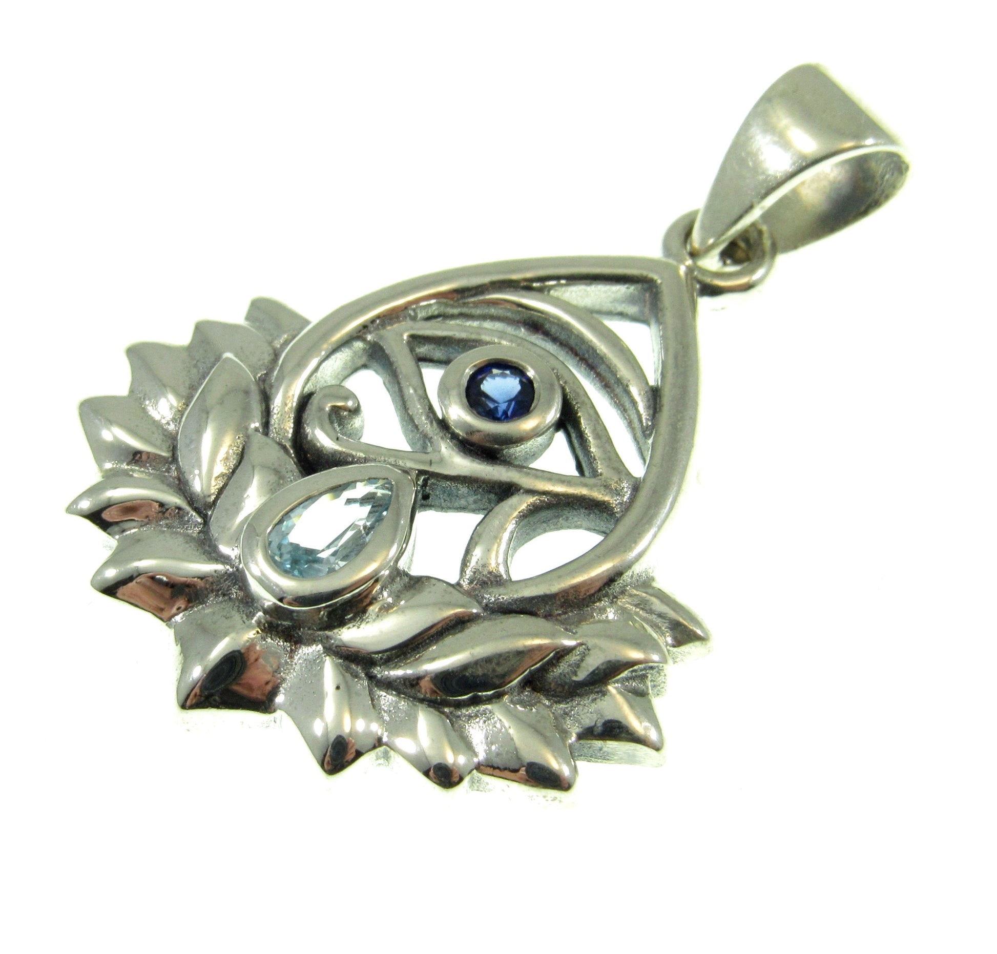 Solid 925 Sterling Silver Eye of Horus Lotus Flower Pendant With Genuine Blue Topaz and Synthetic Sapphire Gemstones