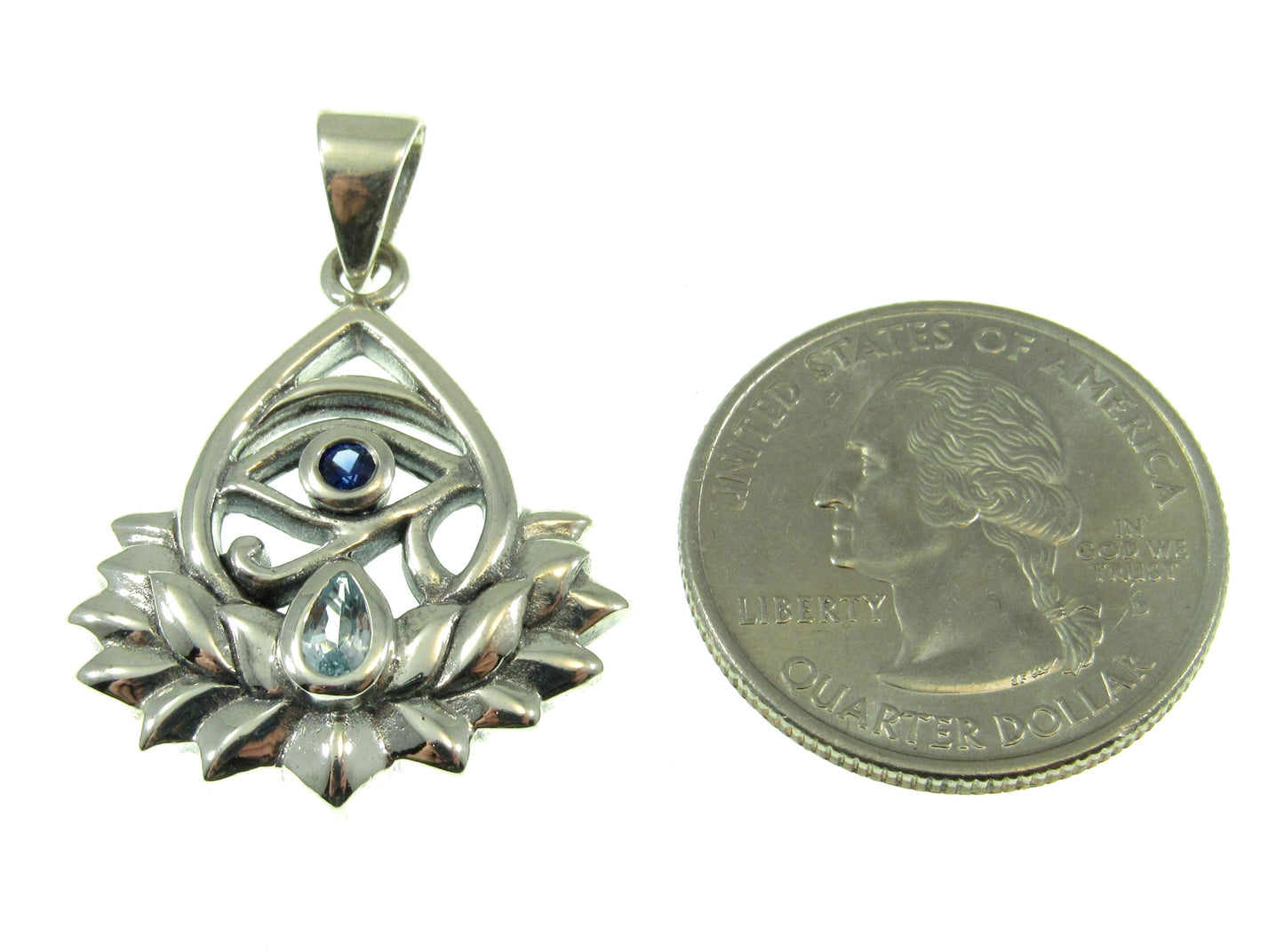 Solid 925 Sterling Silver Eye of Horus Lotus Flower Pendant With Genuine Blue Topaz and Synthetic Sapphire Gemstones