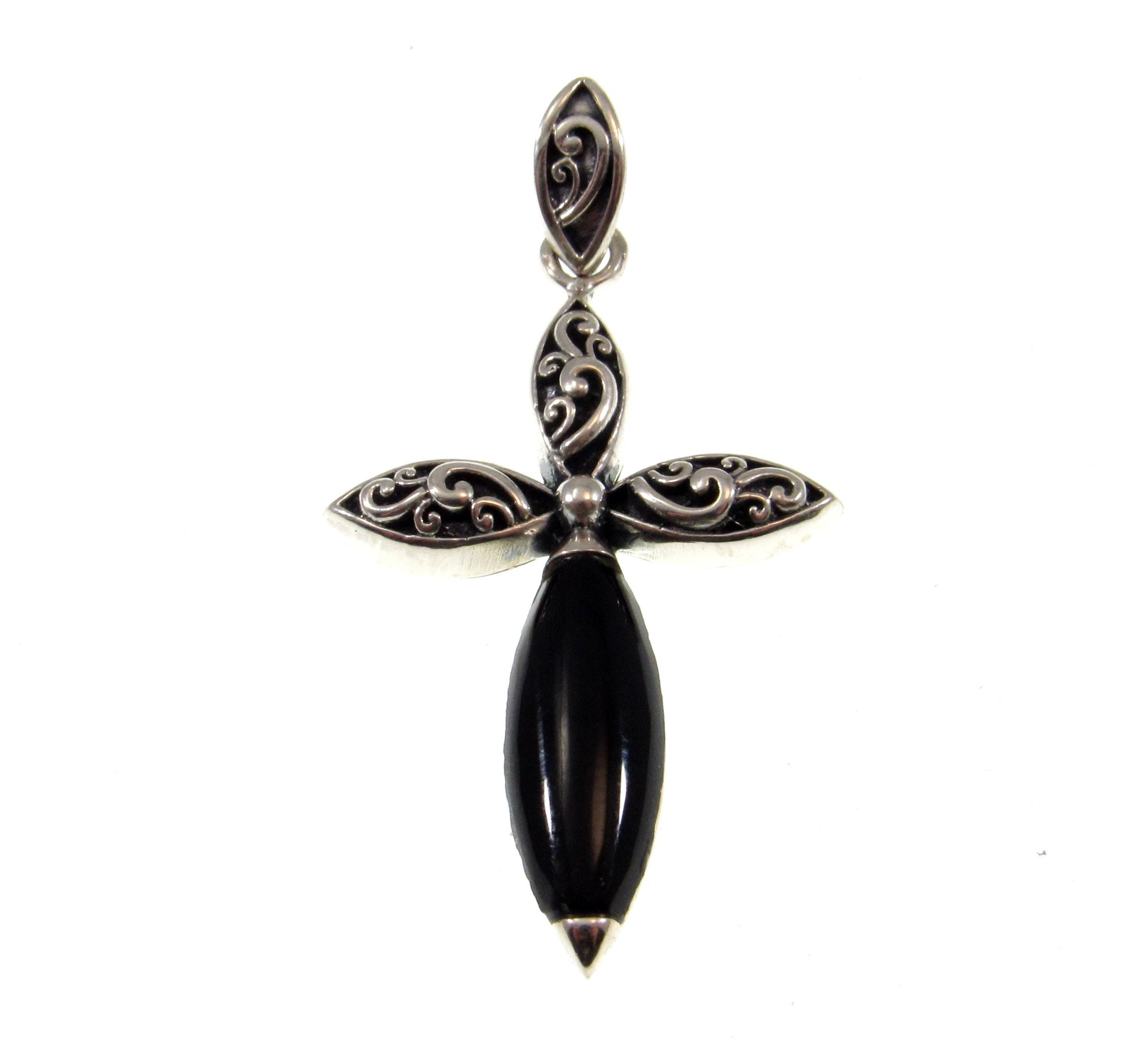 Solid 925 Sterling Silver & Genuine Black Onyx Filigree Cross Pendant