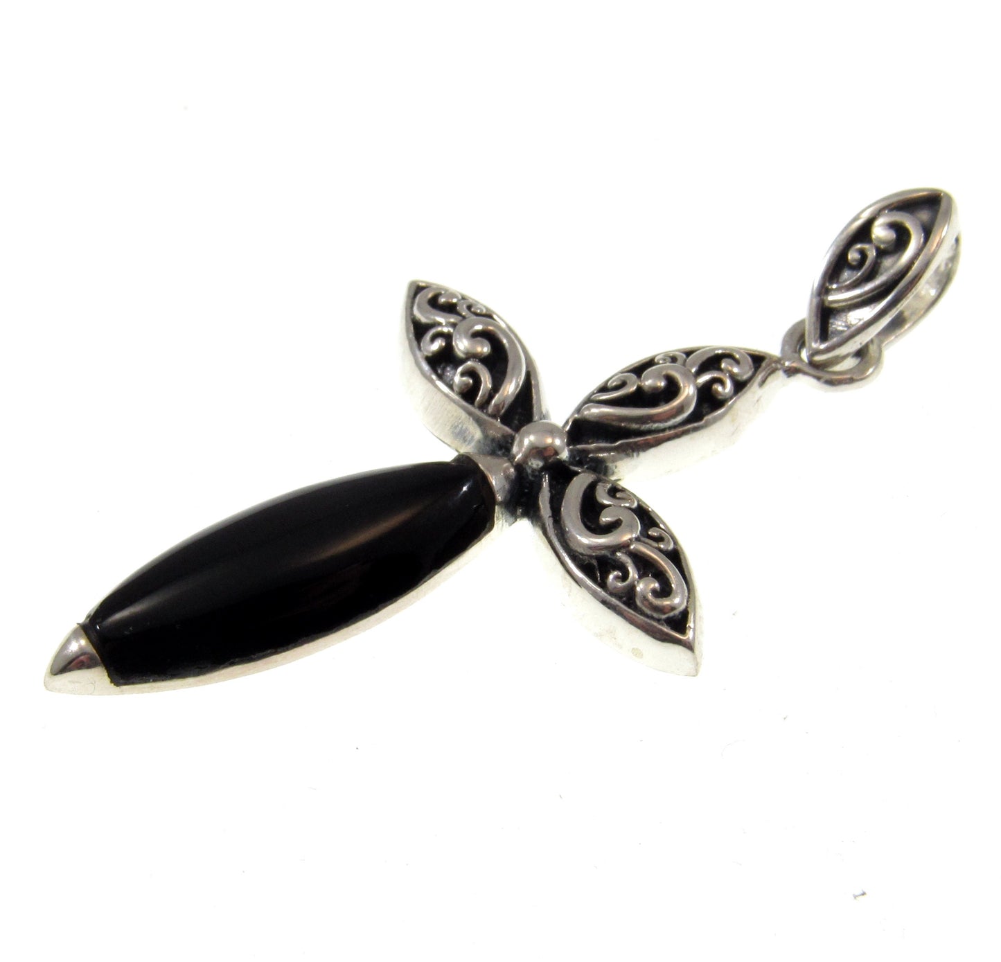 Solid 925 Sterling Silver & Genuine Black Onyx Filigree Cross Pendant