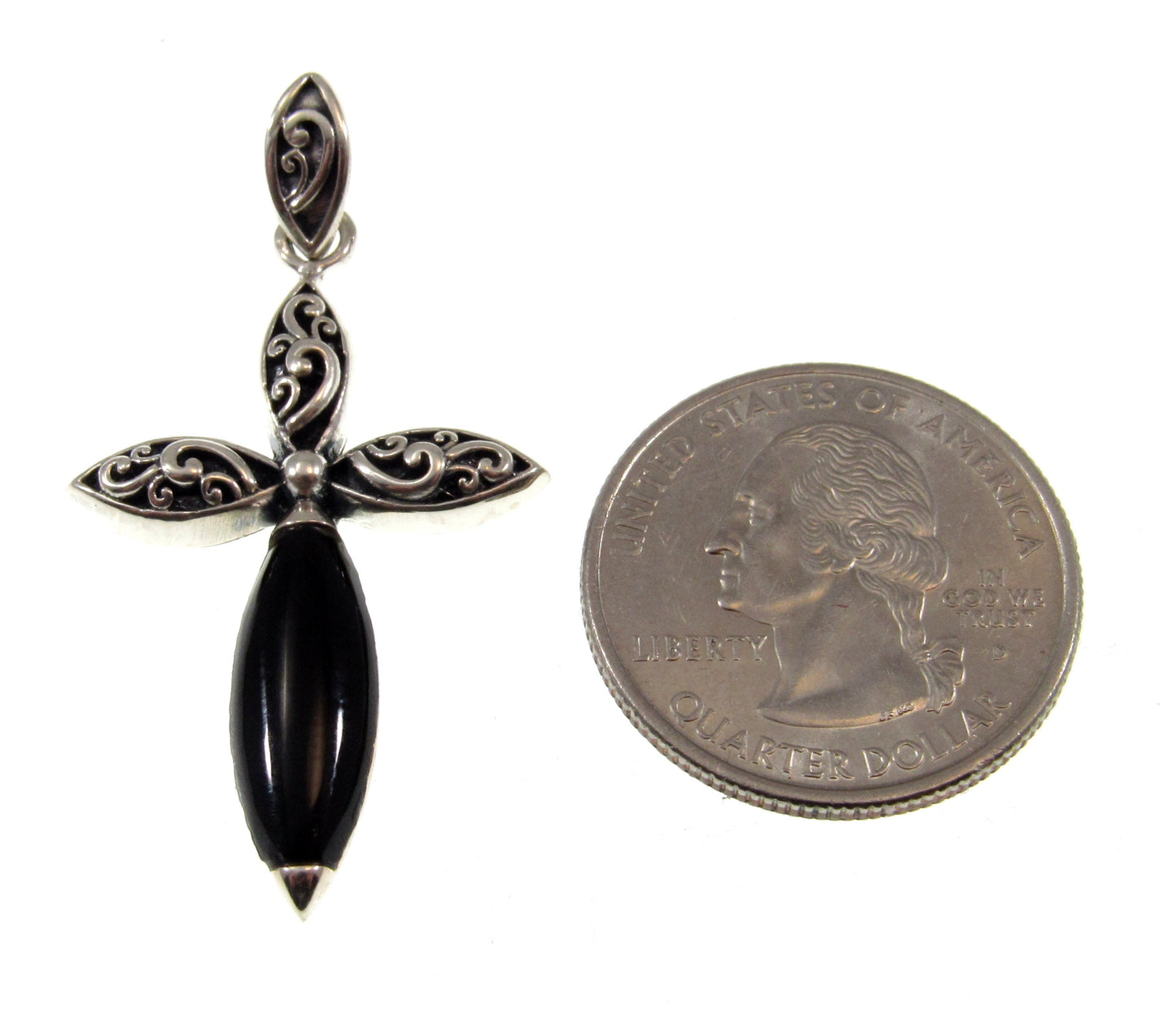 Solid 925 Sterling Silver & Genuine Black Onyx Filigree Cross Pendant