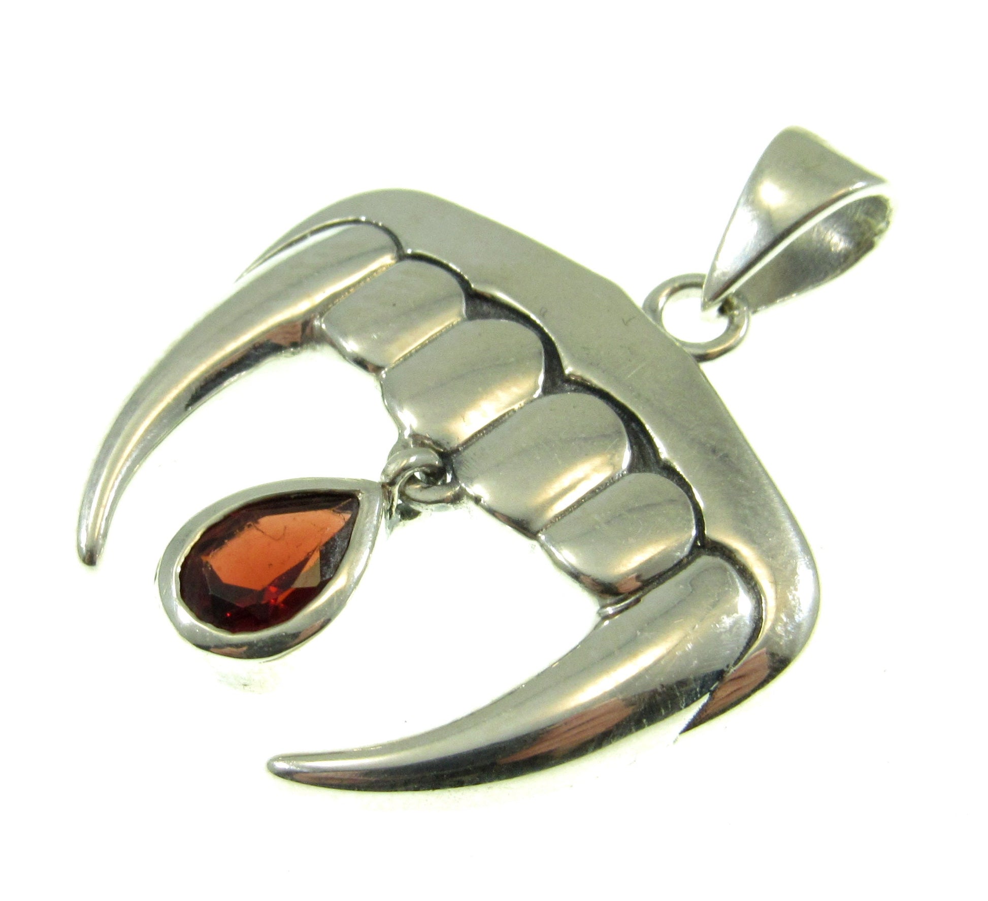 Solid 925 Sterling Silver Vampire Teeth and Blood Drop Pendant with Genuine Garnet Gemstone