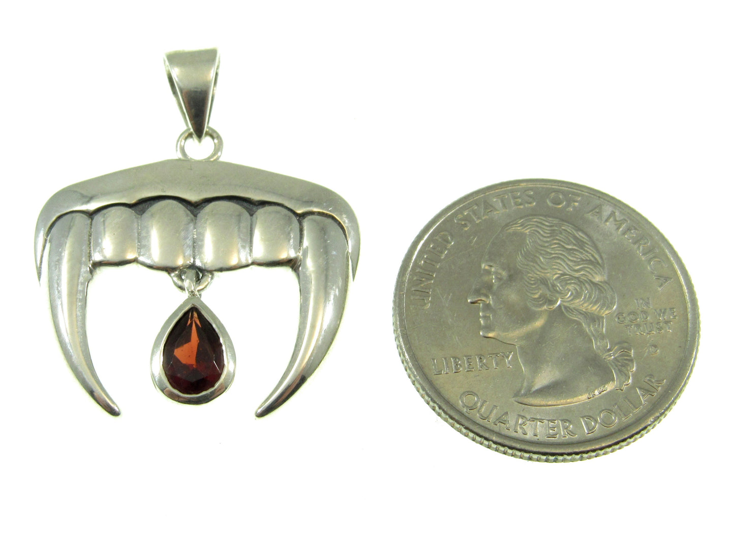 Solid 925 Sterling Silver Vampire Teeth and Blood Drop Pendant with Genuine Garnet Gemstone