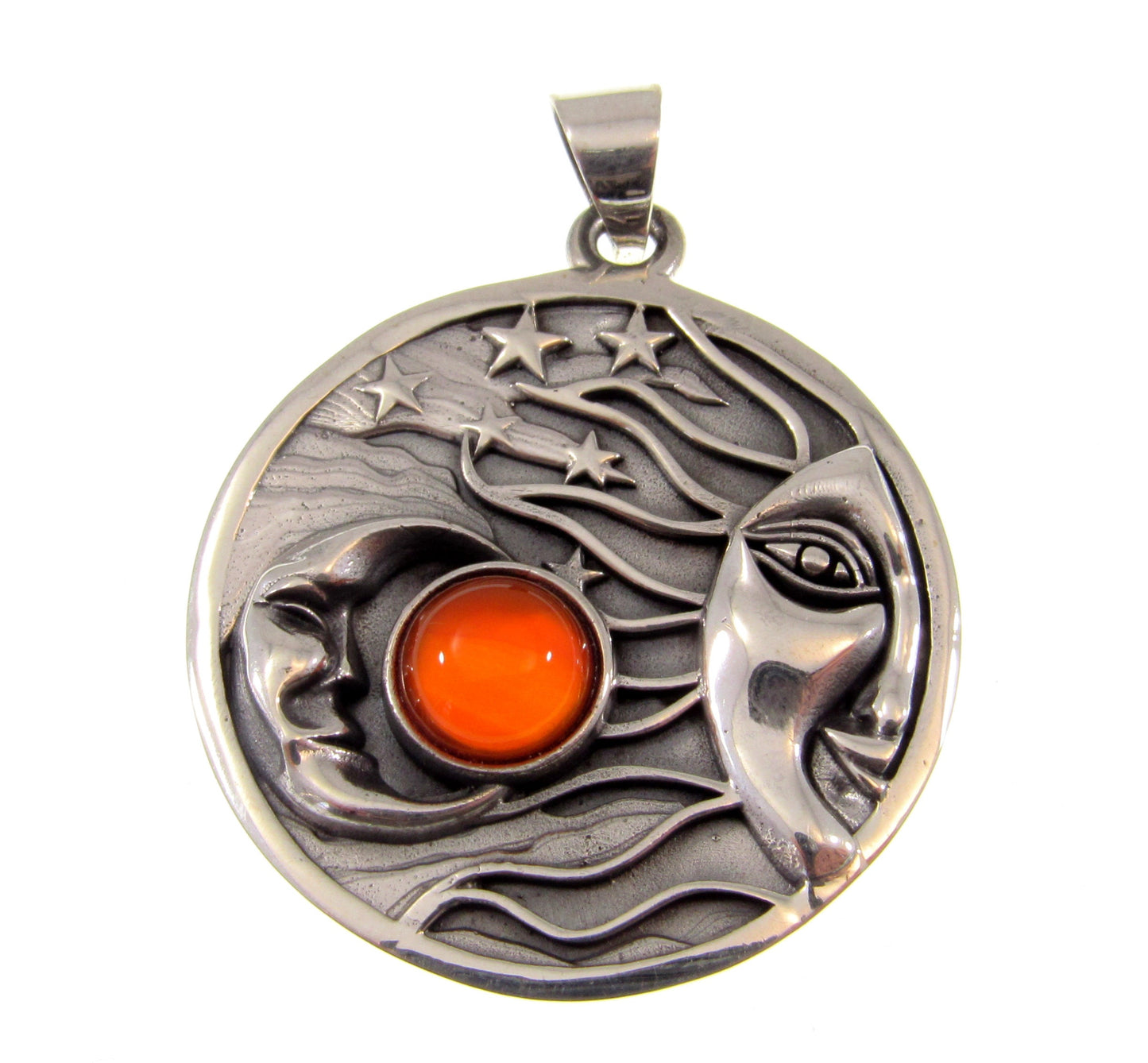 Solid 925 Sterling Silver Large Sun, Moon, & Stars Pendant With Genuine Gemstone Cabochon, Celestial Amulet