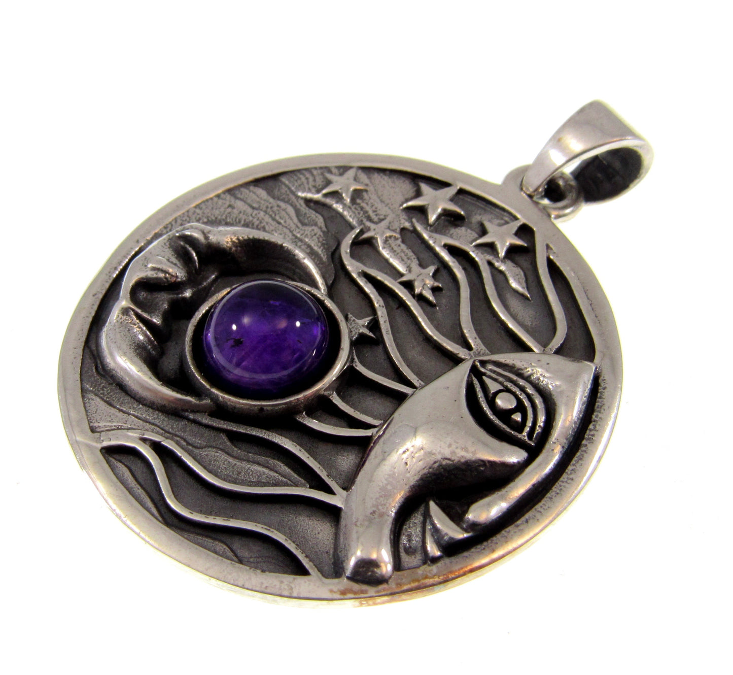 Solid 925 Sterling Silver Large Sun, Moon, & Stars Pendant With Genuine Gemstone Cabochon, Celestial Amulet