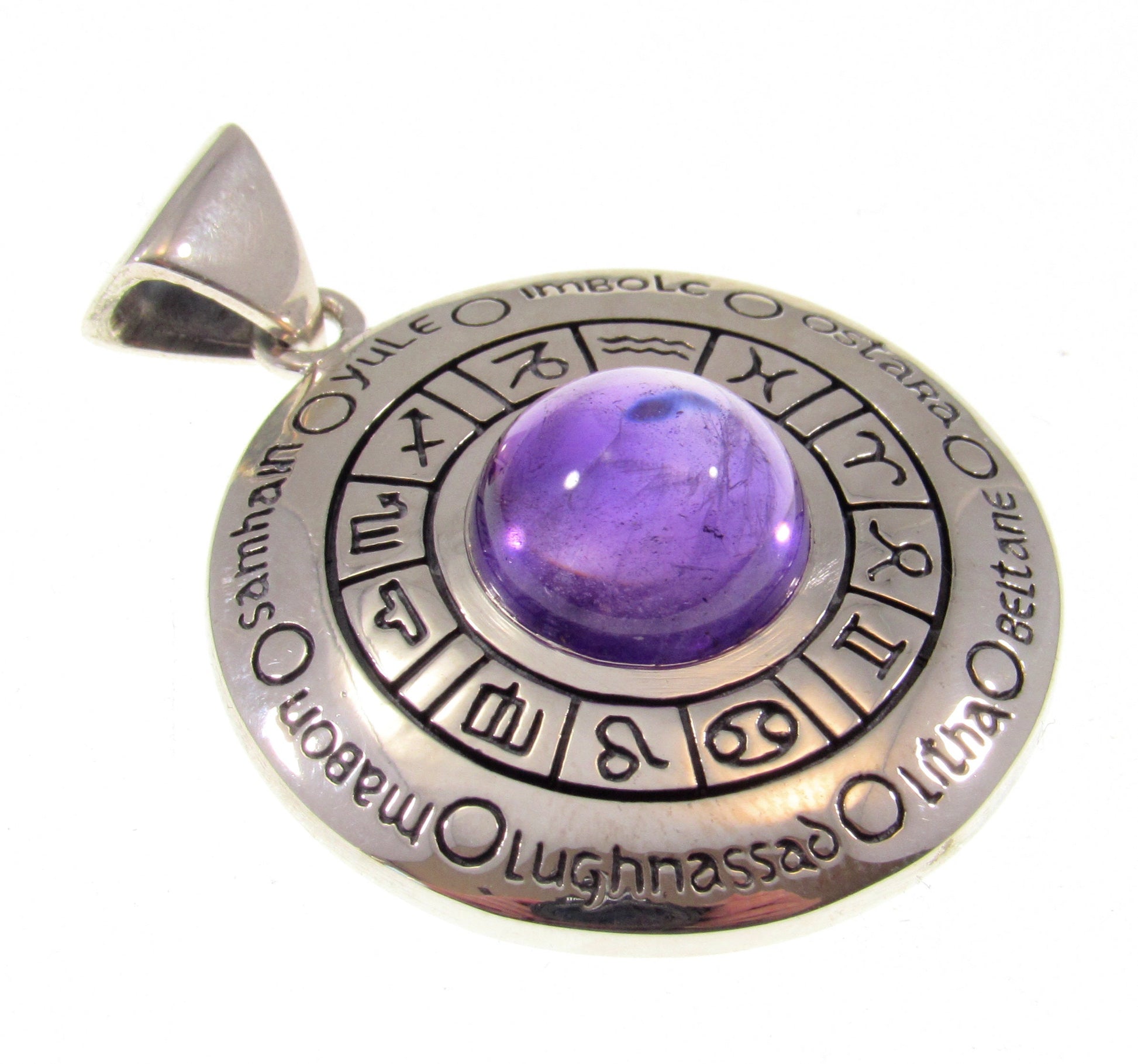 Solid 925 Sterling Silver Wheel of the Year Pendant With Amethyst or Moonstone Gemstones, 12 Zodiac Symbols, Pagan Celebration Amulet