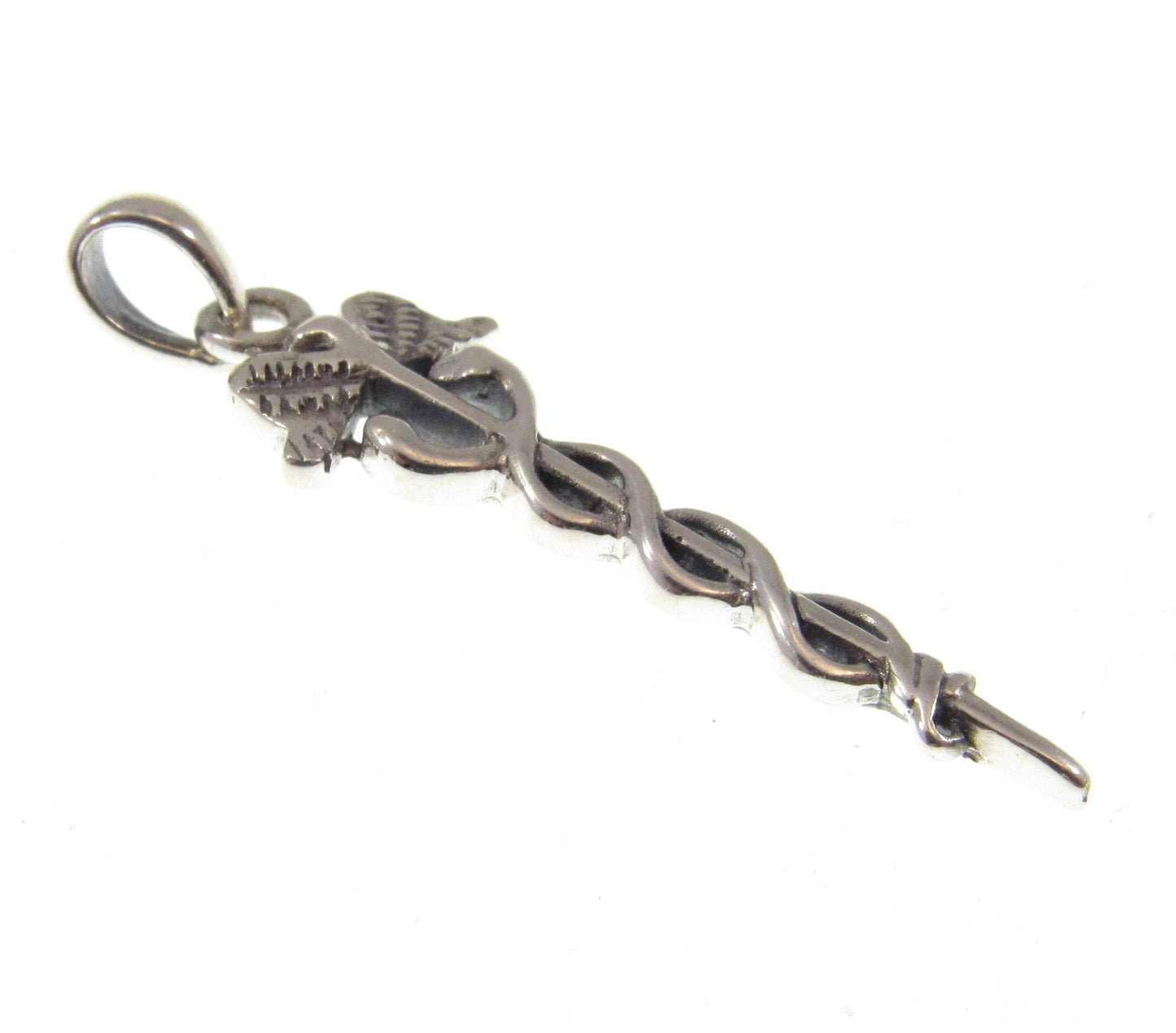 Solid 925 Sterling Silver Caduceus Pendant, Health and Healing Amulet, Healthcare Worker Insignia