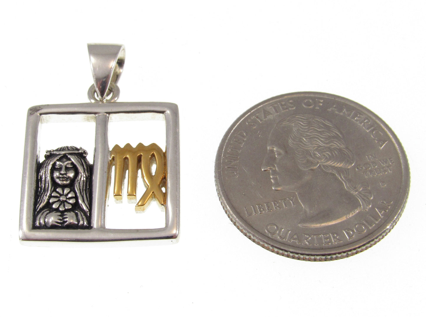 Solid 925 Sterling Silver Virgo Zodiac Symbol Pendant With 14K Gold Accents, Maiden Astraea and M Sign