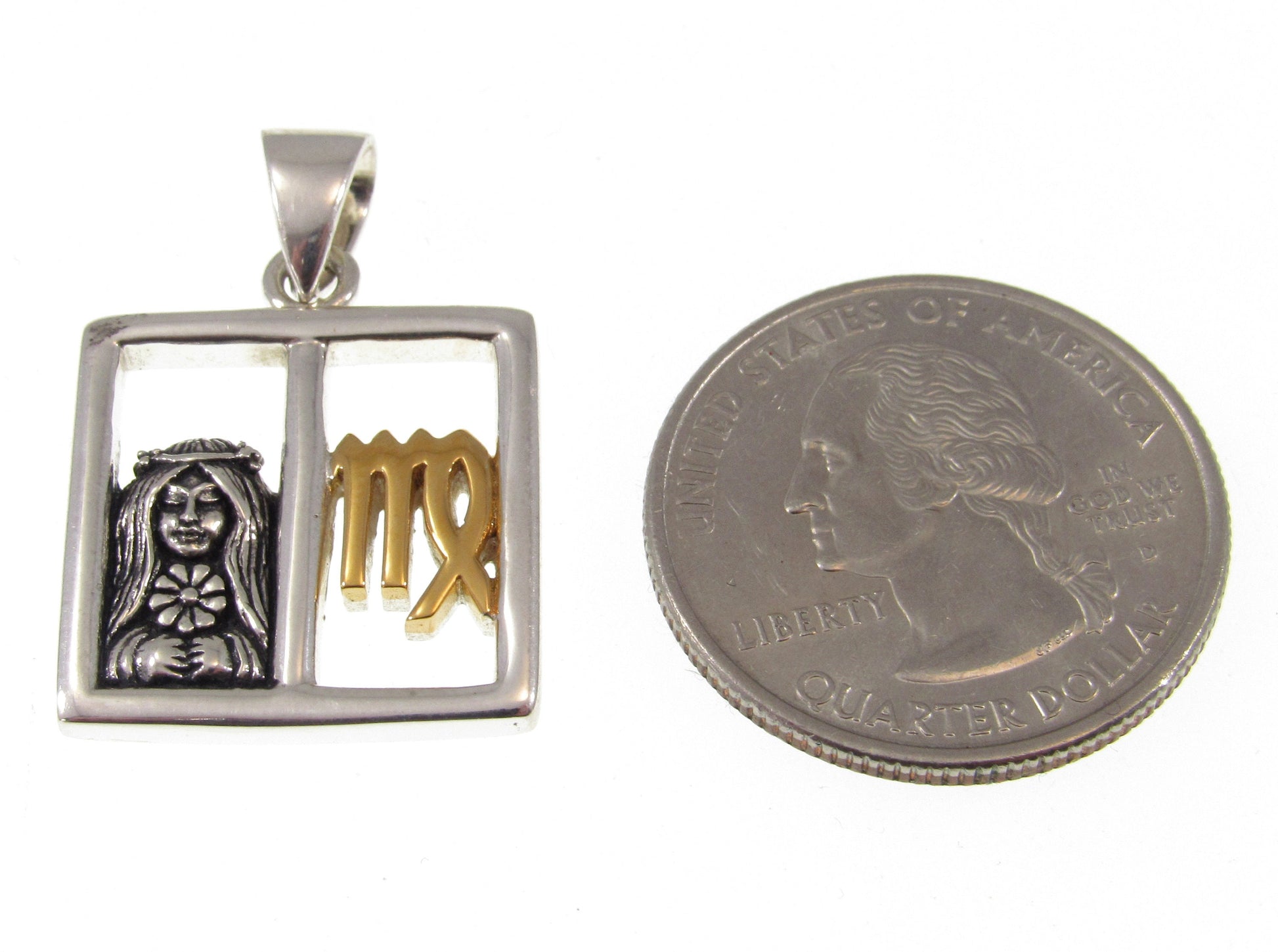 Solid 925 Sterling Silver Virgo Zodiac Symbol Pendant With 14K Gold Accents, Maiden Astraea and M Sign