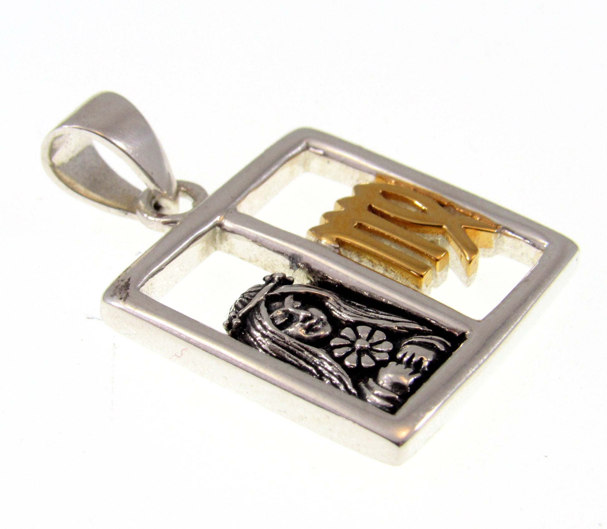 Solid 925 Sterling Silver Virgo Zodiac Symbol Pendant With 14K Gold Accents, Maiden Astraea and M Sign