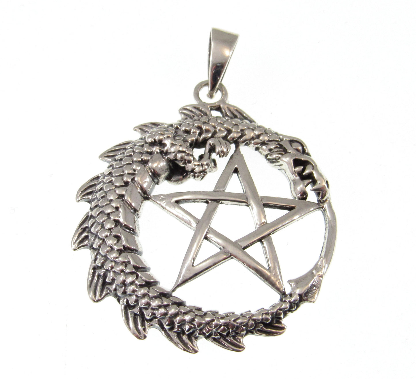 Solid 925 Sterling Silver Dragon Pentacle Pendant, Ouroboros Pentagram Amulet, Magic Pagan Talisman