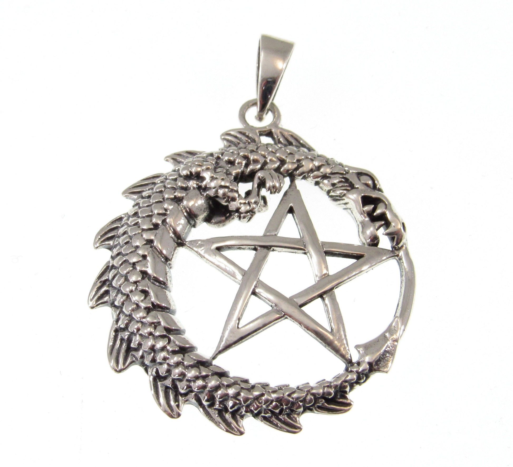 Solid 925 Sterling Silver Dragon Pentacle Pendant, Ouroboros Pentagram Amulet, Magic Pagan Talisman