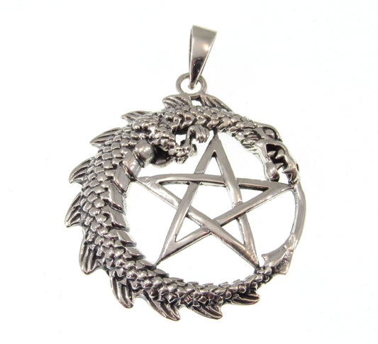 Solid 925 Sterling Silver Dragon Pentacle Pendant, Ouroboros Pentagram Amulet, Magick Wicca Pagan Talisman