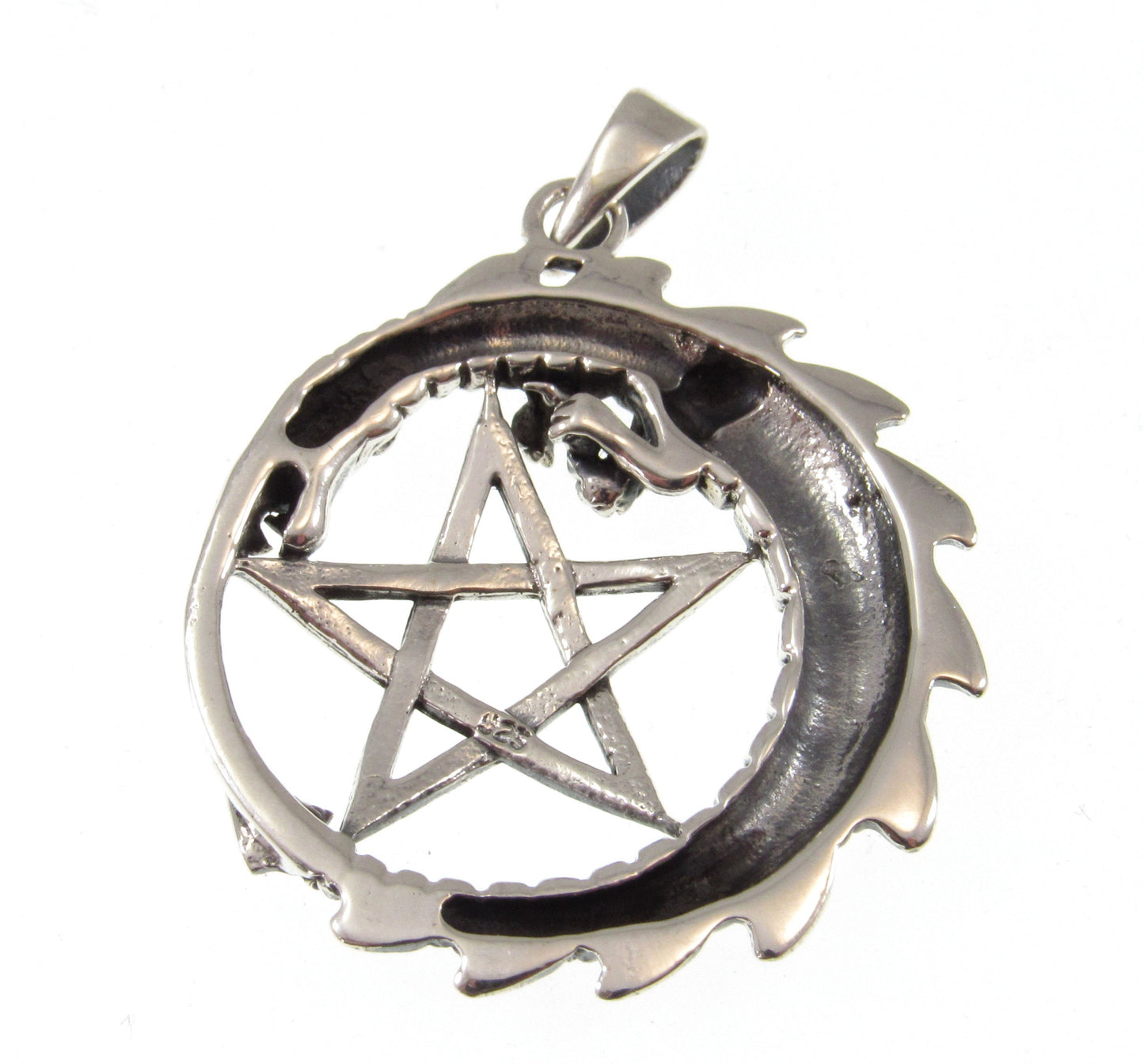 Solid 925 Sterling Silver Dragon Pentacle Pendant, Ouroboros Pentagram Amulet, Magic Pagan Talisman