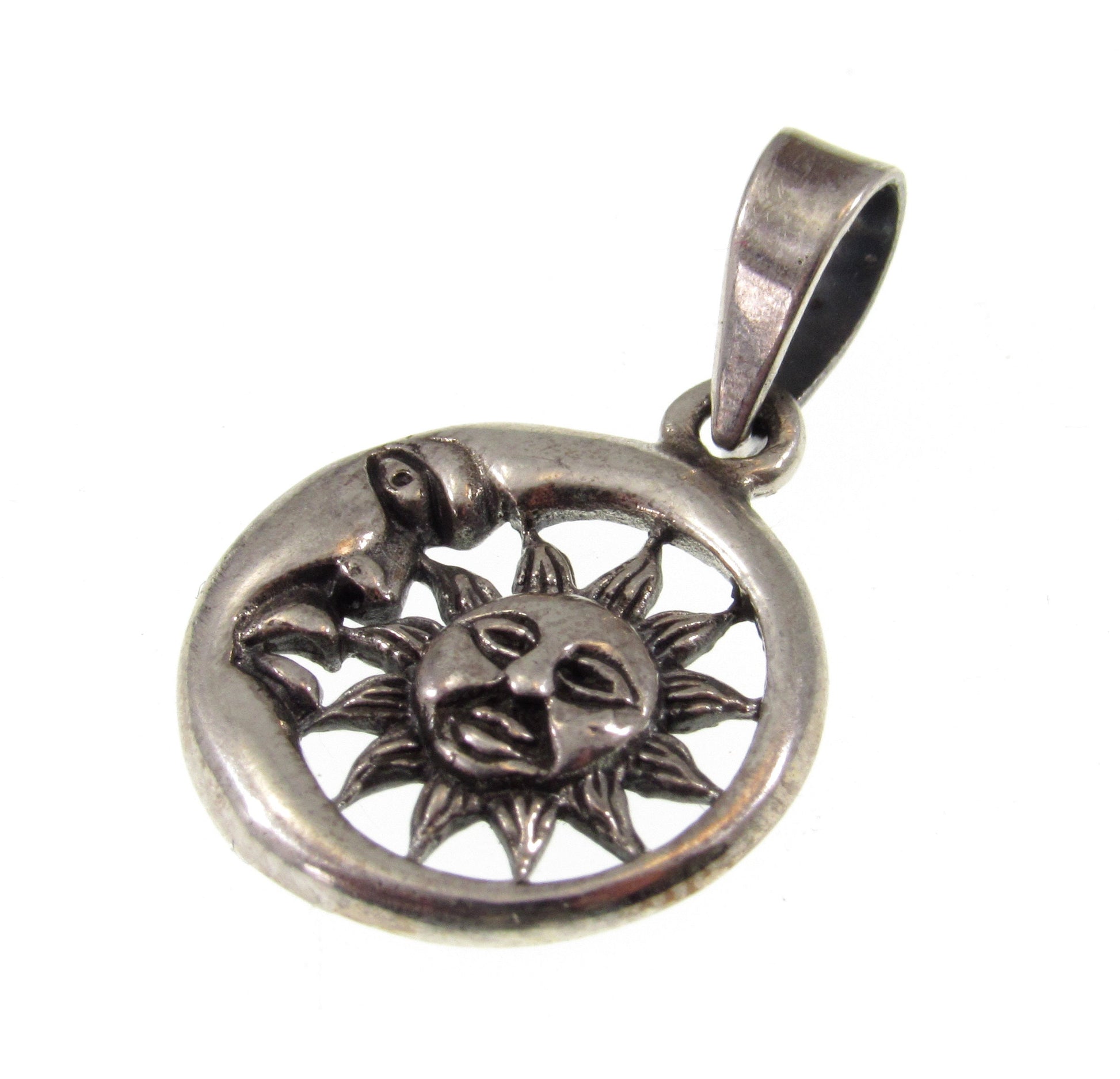 Small Solid 925 Sterling Silver Crescent Waning Moon & Sun Charm Pendant