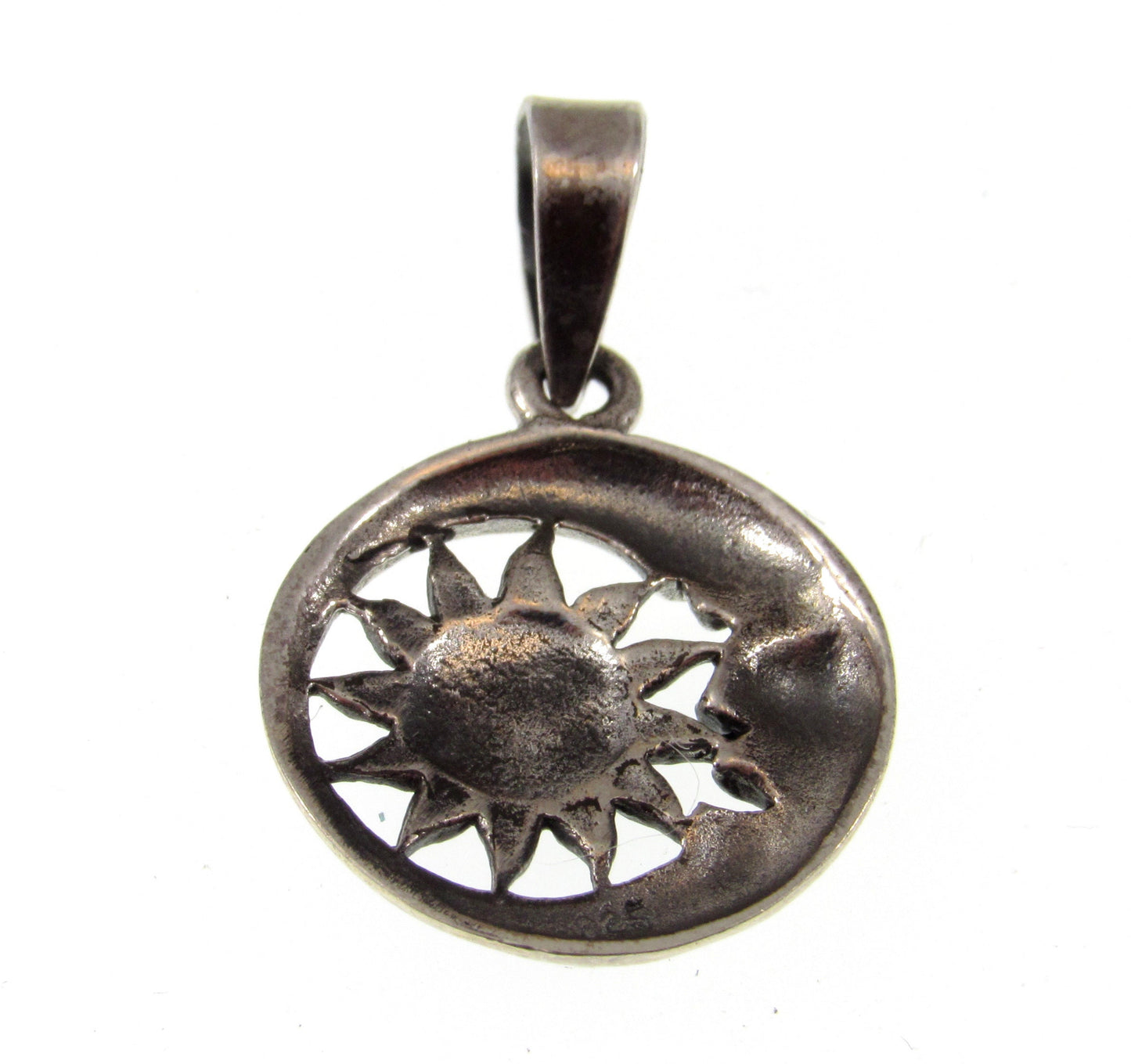 Small Solid 925 Sterling Silver Crescent Waning Moon & Sun Charm Pendant