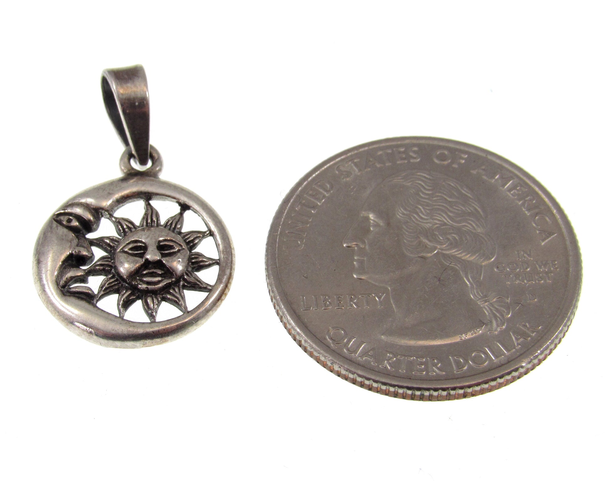 Small Solid 925 Sterling Silver Crescent Waning Moon & Sun Charm Pendant