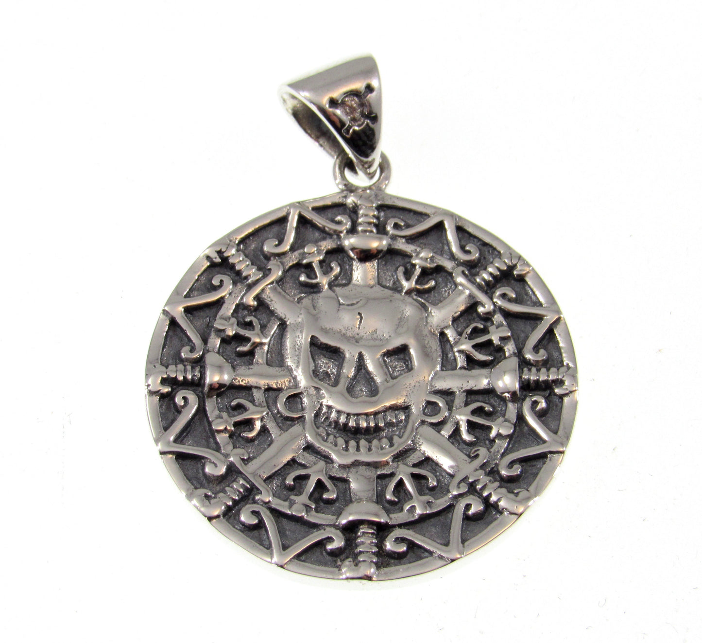 Solid 925 Sterling Silver Oxidized Aztec Mayan Pirate Skull Coin Doubloon Pendant