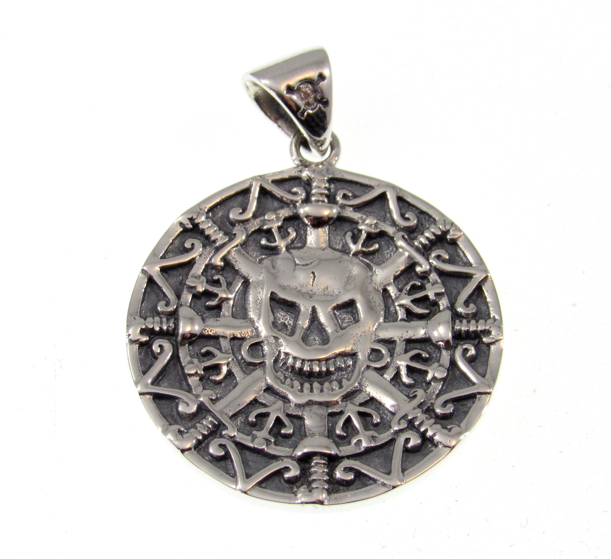 Solid 925 Sterling Silver Oxidized Aztec Mayan Pirate Skull Coin Doubloon Pendant