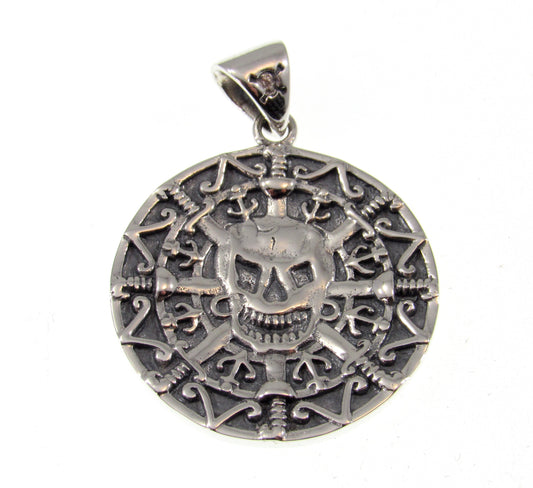 Solid 925 Sterling Silver Oxidized Aztec Mayan Pirate Skull Coin Doubloon Pendant
