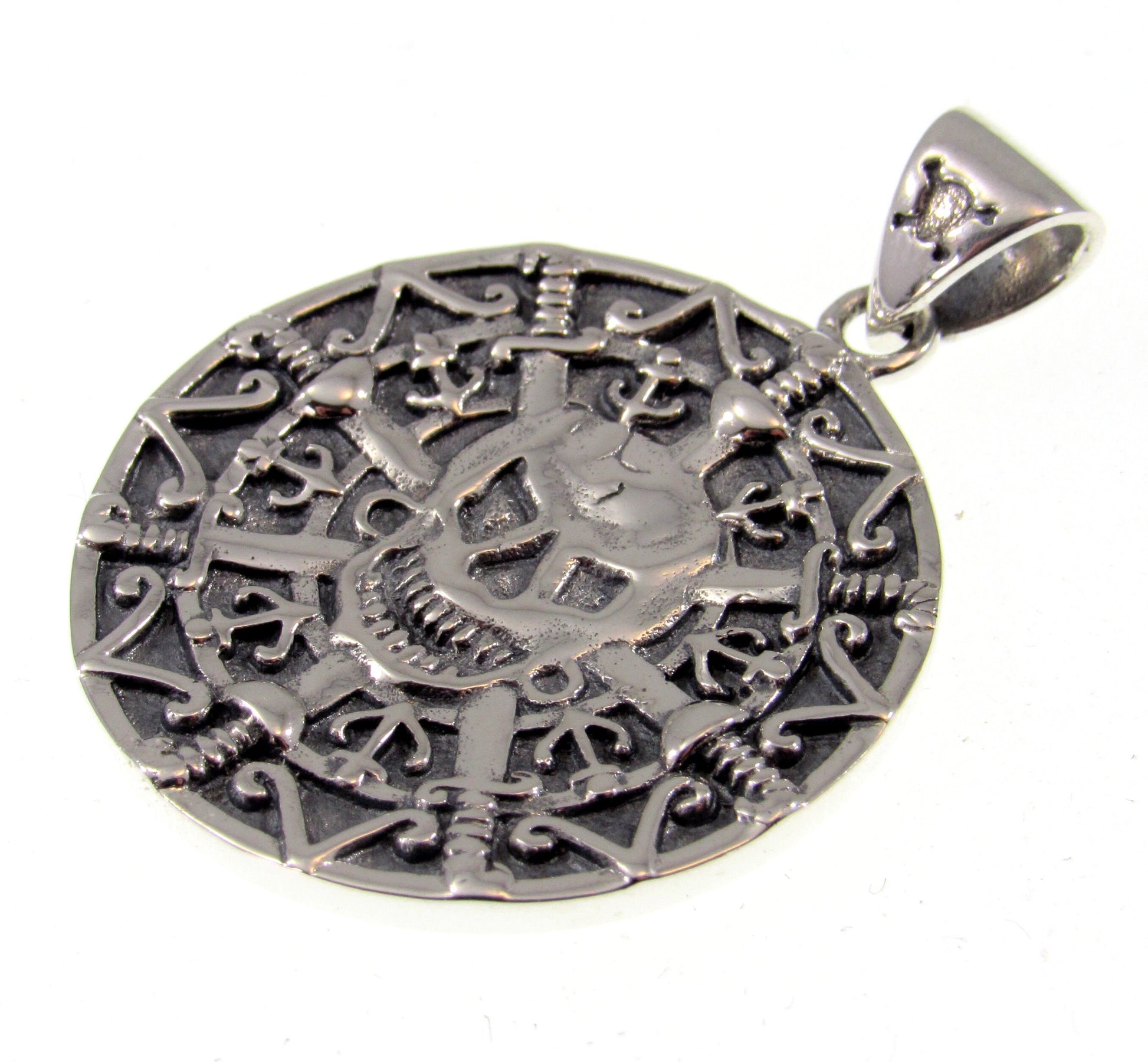 Solid 925 Sterling Silver Oxidized Aztec Mayan Pirate Skull Coin Doubloon Pendant