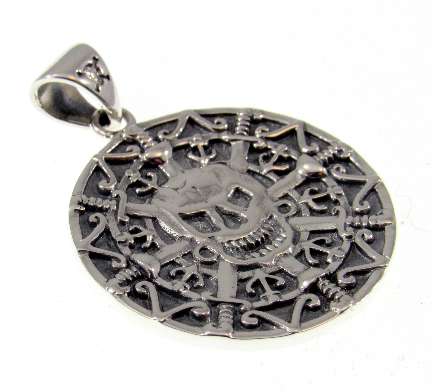 Solid 925 Sterling Silver Oxidized Aztec Mayan Pirate Skull Coin Doubloon Pendant
